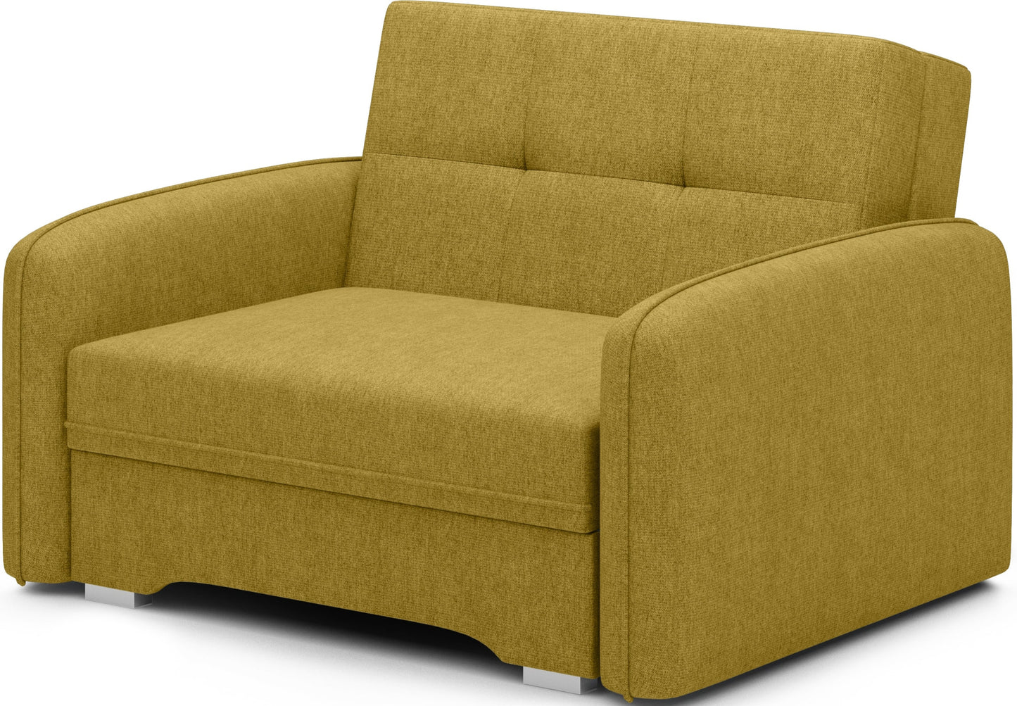 Sofa Laine 1-osobowa w tkaninie Poco 50 w odcieniu żółtym, ujęcie typu packshot pod kątem, pokazujące formę i bryłę mebla.