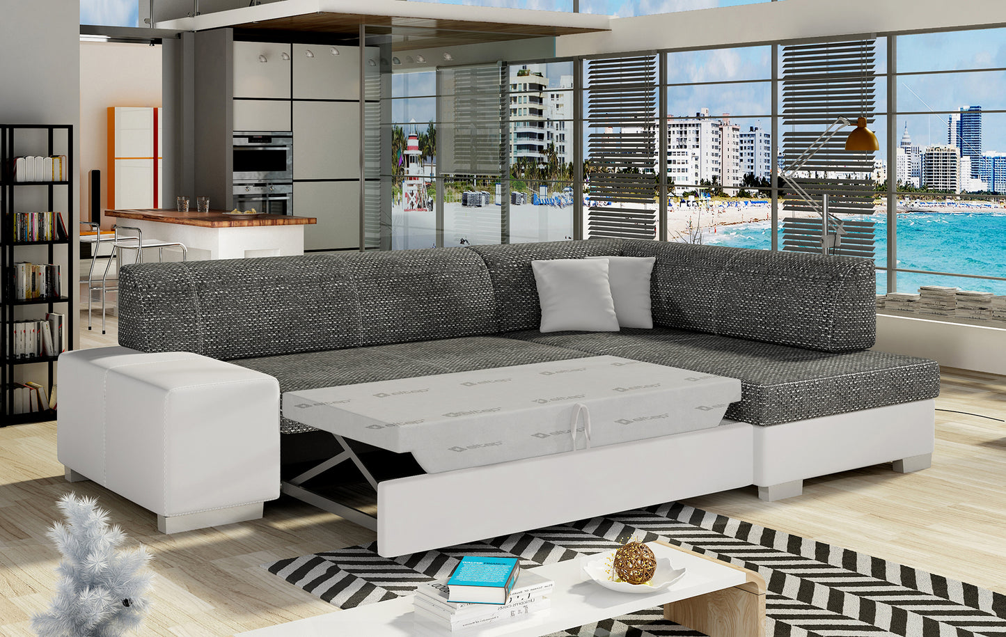 Sofa narożna prawa ELTAP, obicie Berlin 02 szary i Soft 17 biały – zbliżenie na wykończenie