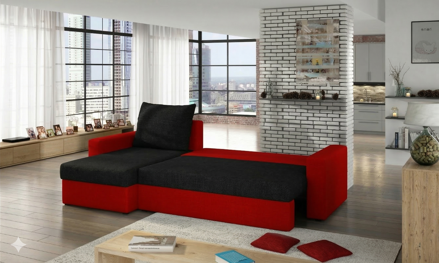 Sofa narożna Livio w kolorze czarnym i czerwonym w nowoczesnym salonie