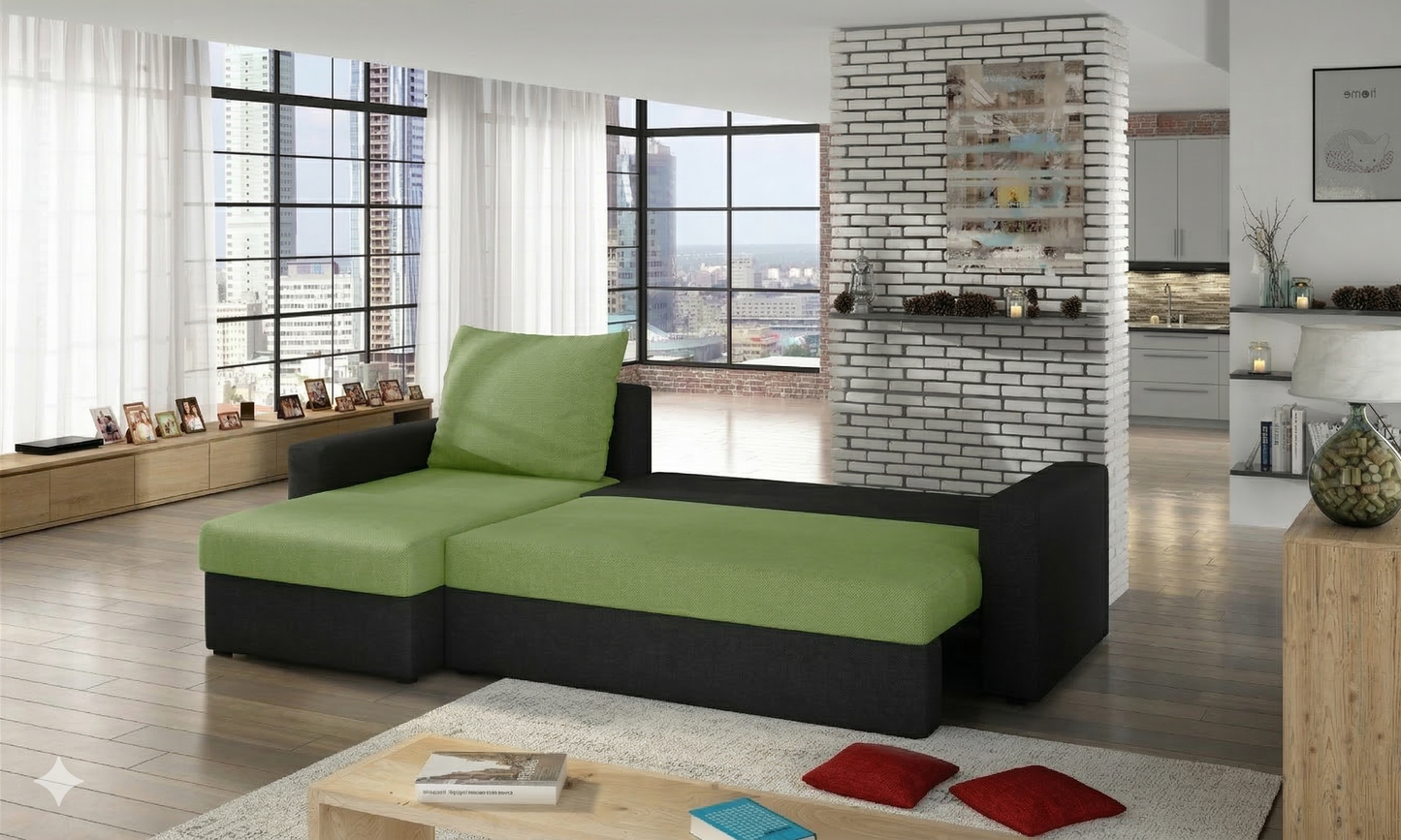 Sofa narożna Livio w kolorze zielonym i czarnym w nowoczesnym salonie