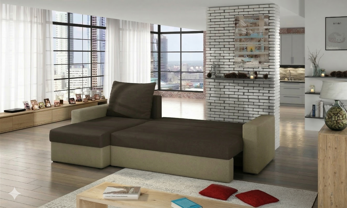 Sofa narożna Livio w kolorze ciemnobrązowym i beżowym w nowoczesnym salonie