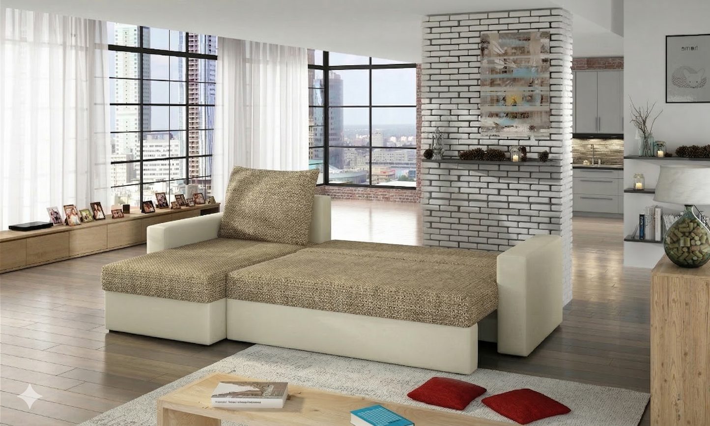Sofa narożna Livio w kolorze ciemnobeżowym i beżowym w nowoczesnym salonie