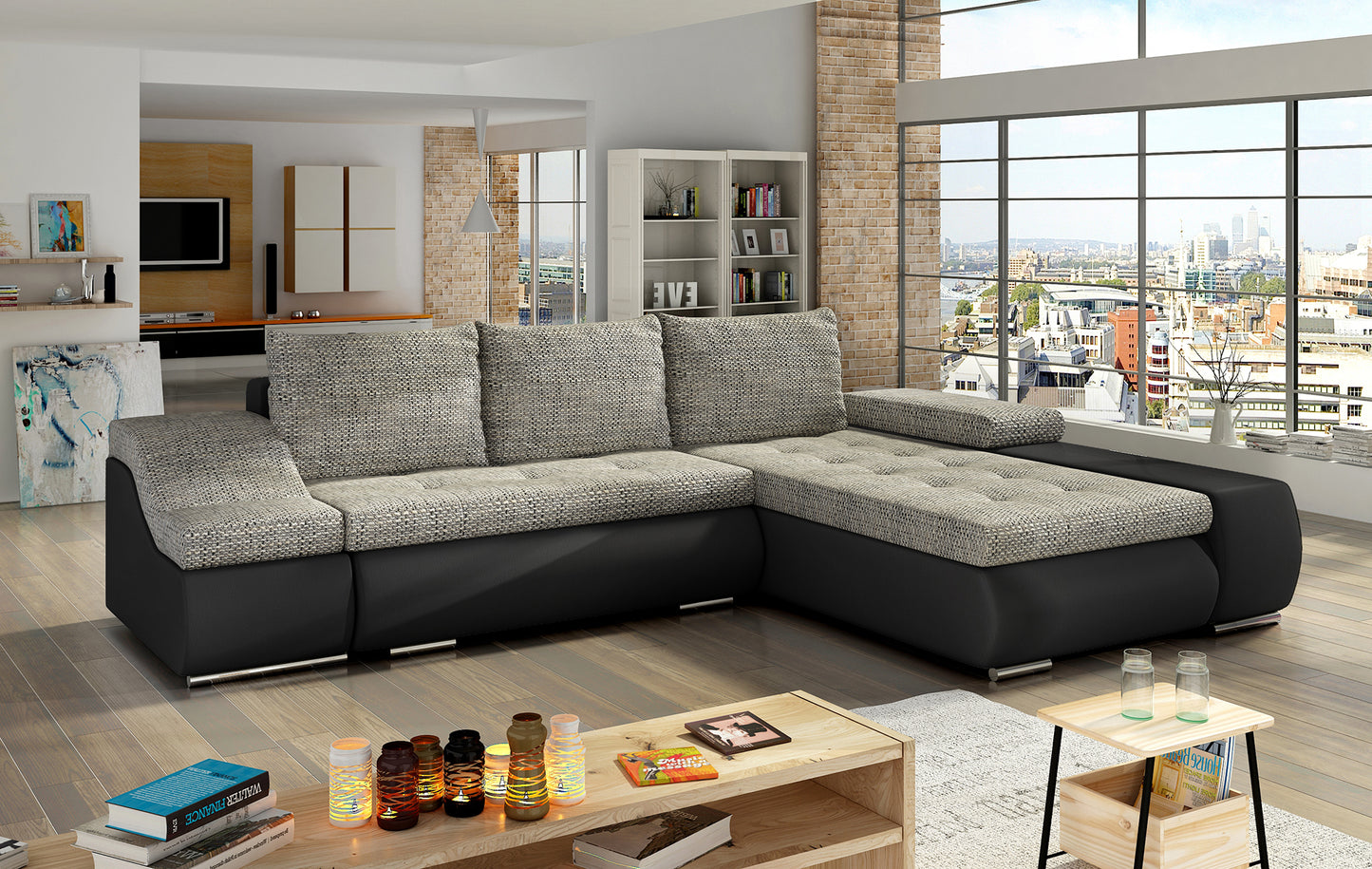Szaro-czarna sofa narożna Ontario wykonana z materiałów Berlin 01 i Soft 11 to praktyczny wybór do salonu, który łączy komfort użytkowania z wyrazistym designem dopasowanym do nowoczesnych wnętrz