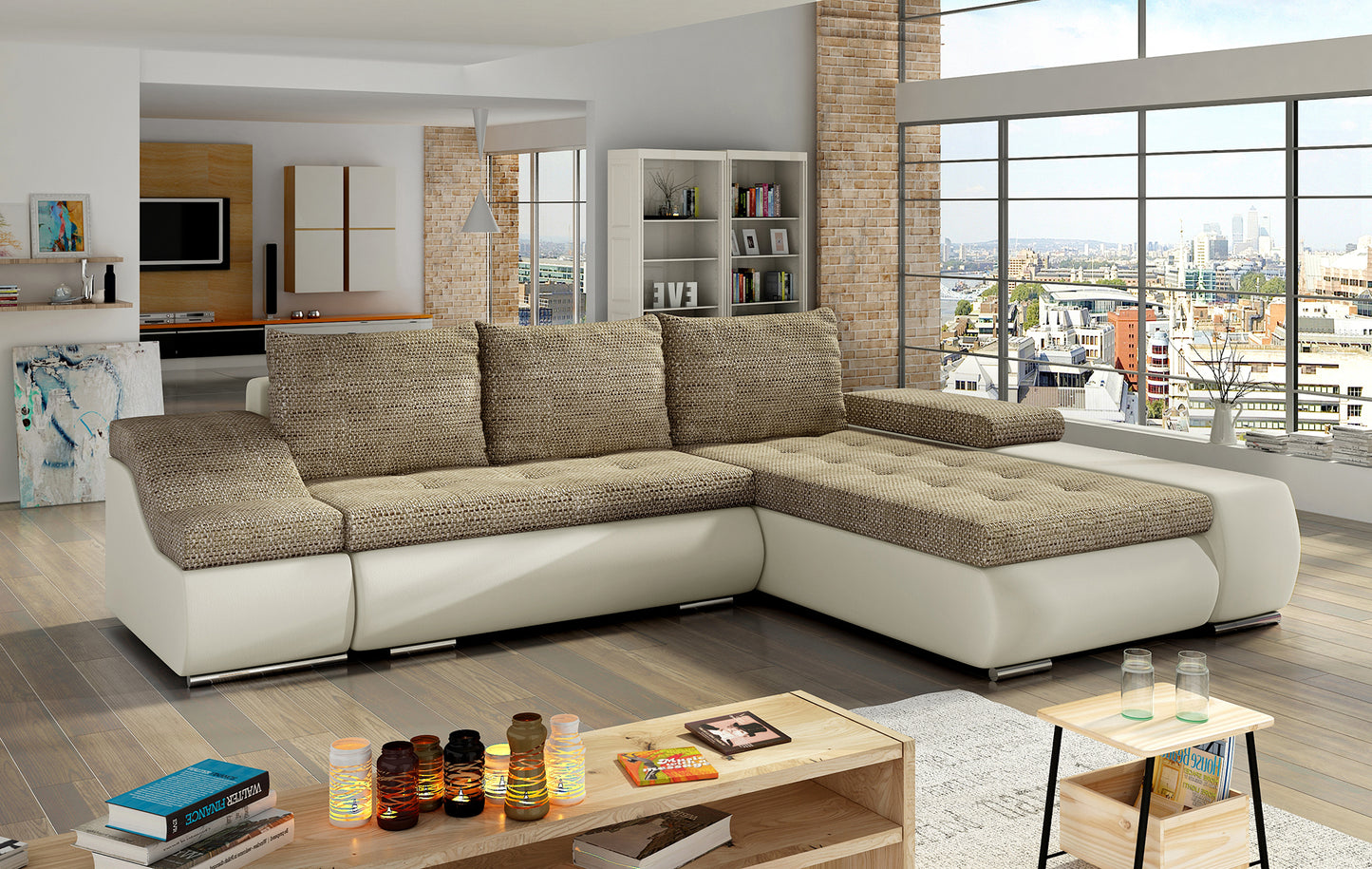 Beżowa sofa narożna Ontario wykonana z materiałów Berlin 03 i Soft 33 to idealne rozwiązanie do jasnego salonu, gdzie liczy się przytulność i funkcjonalność, zapewniając wygodne siedziska i estetyczny, spójny design