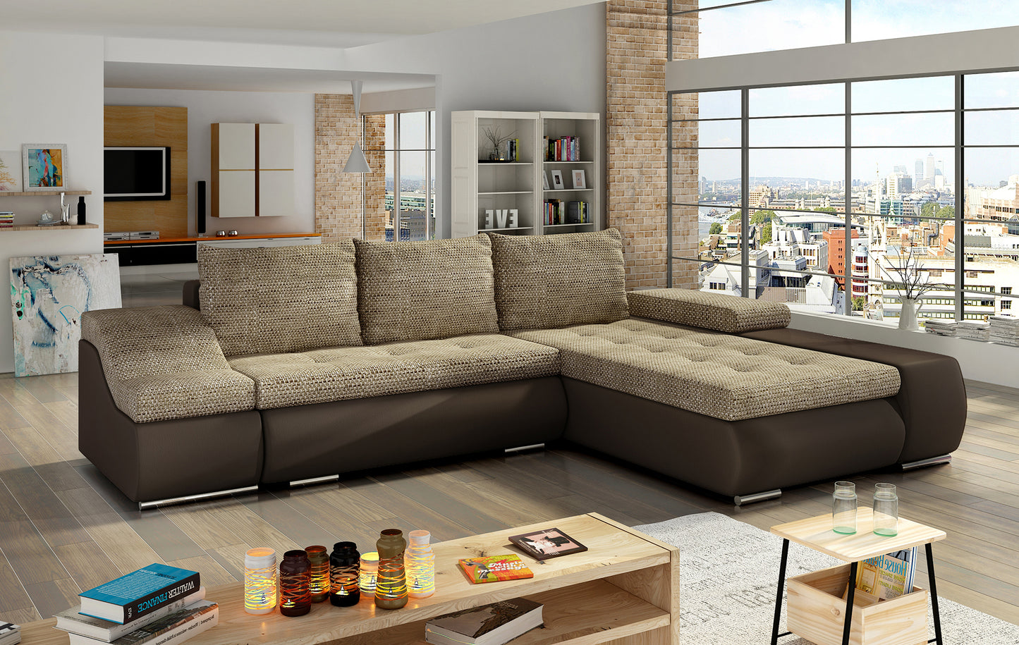Beżowo-brązowa sofa narożna Ontario wykonana z materiałów Berlin 03 i Soft 66 wyróżnia się ciepłym wyglądem oraz wygodą użytkowania, doskonale sprawdzając się w salonie jako funkcjonalny mebel wypoczynkowy