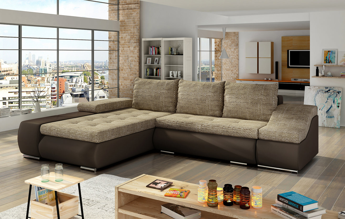 Sofa narożna Ontario wykonana z materiałów Berlin 03 i Soft 66 w odcieniach beżu i brązu doskonale wpisuje się w ciepłe aranżacje wnętrz, oferując wygodę użytkowania i stylowy wygląd do nowoczesnego salonu
