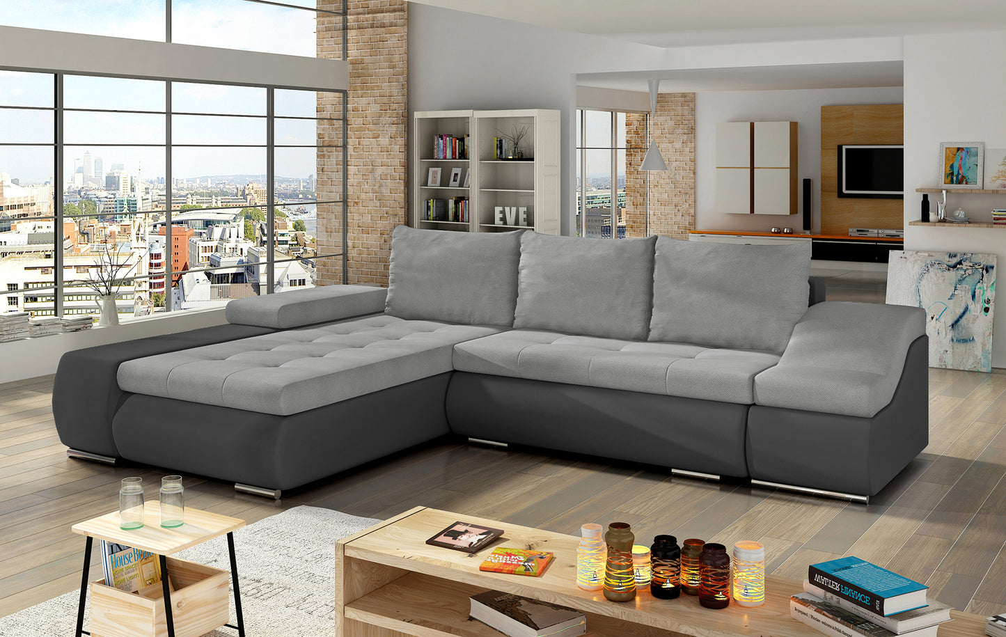 Dwukolorowa sofa narożna Ontario w odcieniach szarości, wykonana z materiałów Soro 83 i Soft 29, zapewnia komfort codziennego użytkowania oraz estetyczny wygląd dopasowany do współczesnych aranżacji wnętrz