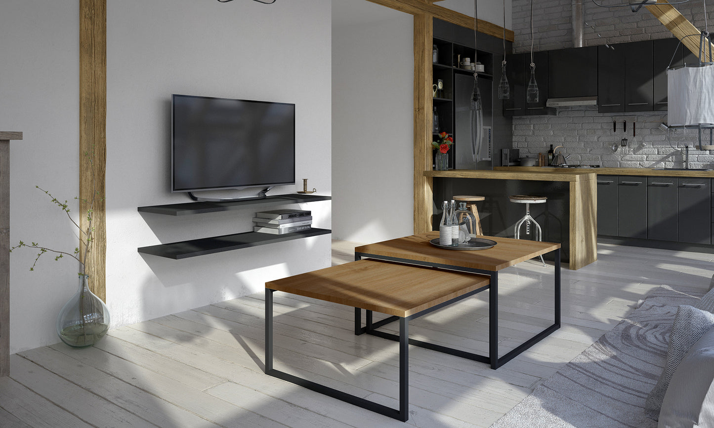 Stoliki kawowe Nevio w kolorze brązowym – aranżacja w nowoczesnym salonie z drewnianymi akcentami i jasną podłogą, pokazująca elegancki zestaw mebli w loftowym stylu.