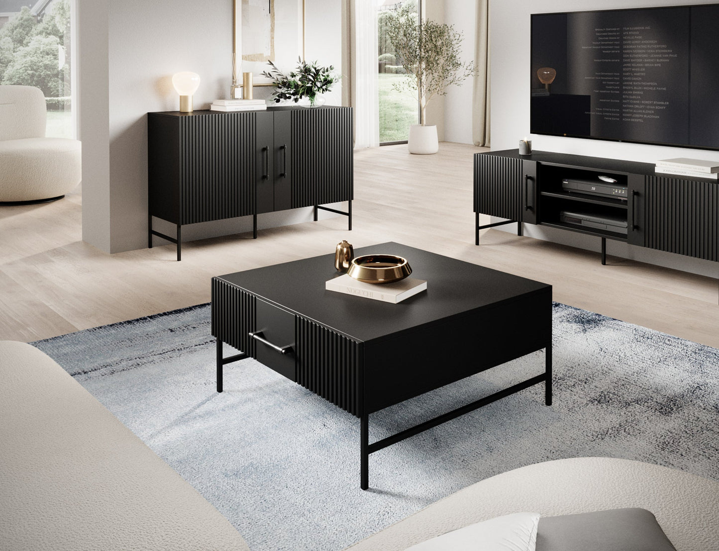 Stolik kawowy Raftt – nowoczesny design w widoku bocznym, elegancka konstrukcja i funkcjonalne przechowywanie do salonu.