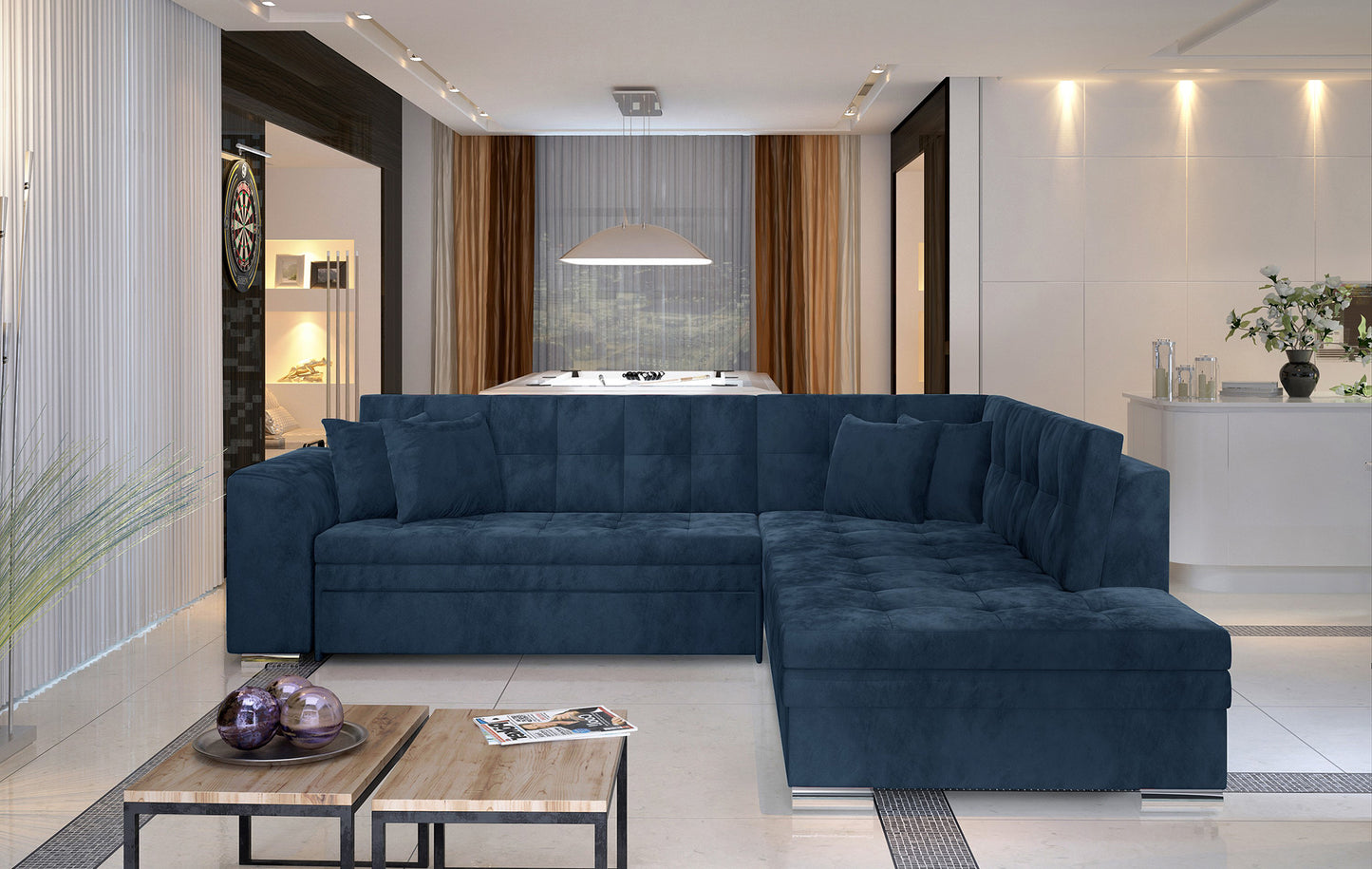 Stylowy narożnik Pieretta prawy Kronos 09 w intensywnym granatowym kolorze doskonale sprawdzi się w salonie, podkreślając elegancki charakter aranżacji i tworząc przytulną przestrzeń.