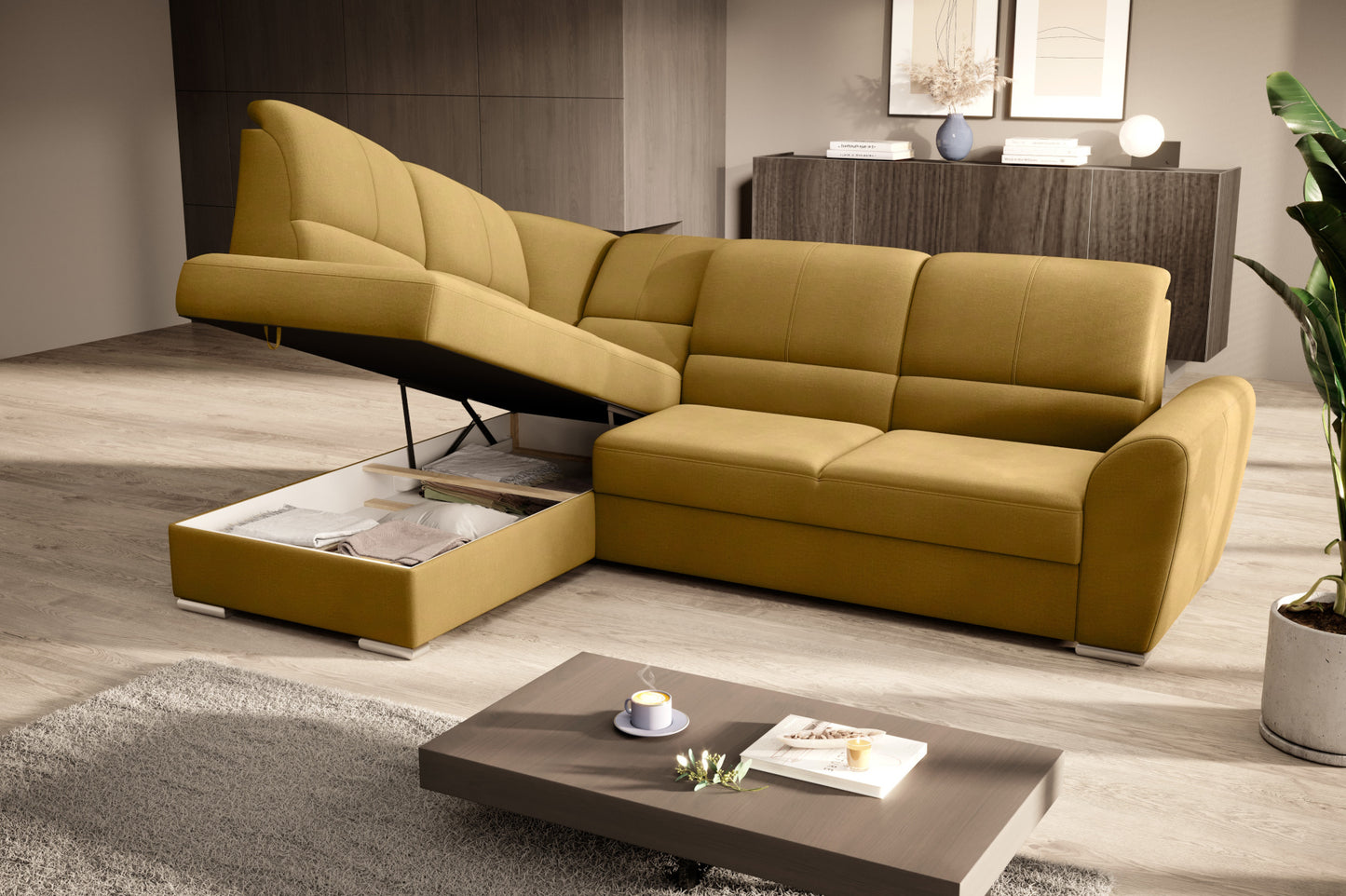Duży narożnik Siber lewy w tkaninie Nube 45 w kolorze żółtym to komfortowa sofa wypoczynkowa, która łączy funkcjonalność z wyrazistym i nowoczesnym wyglądem wnętrza.
