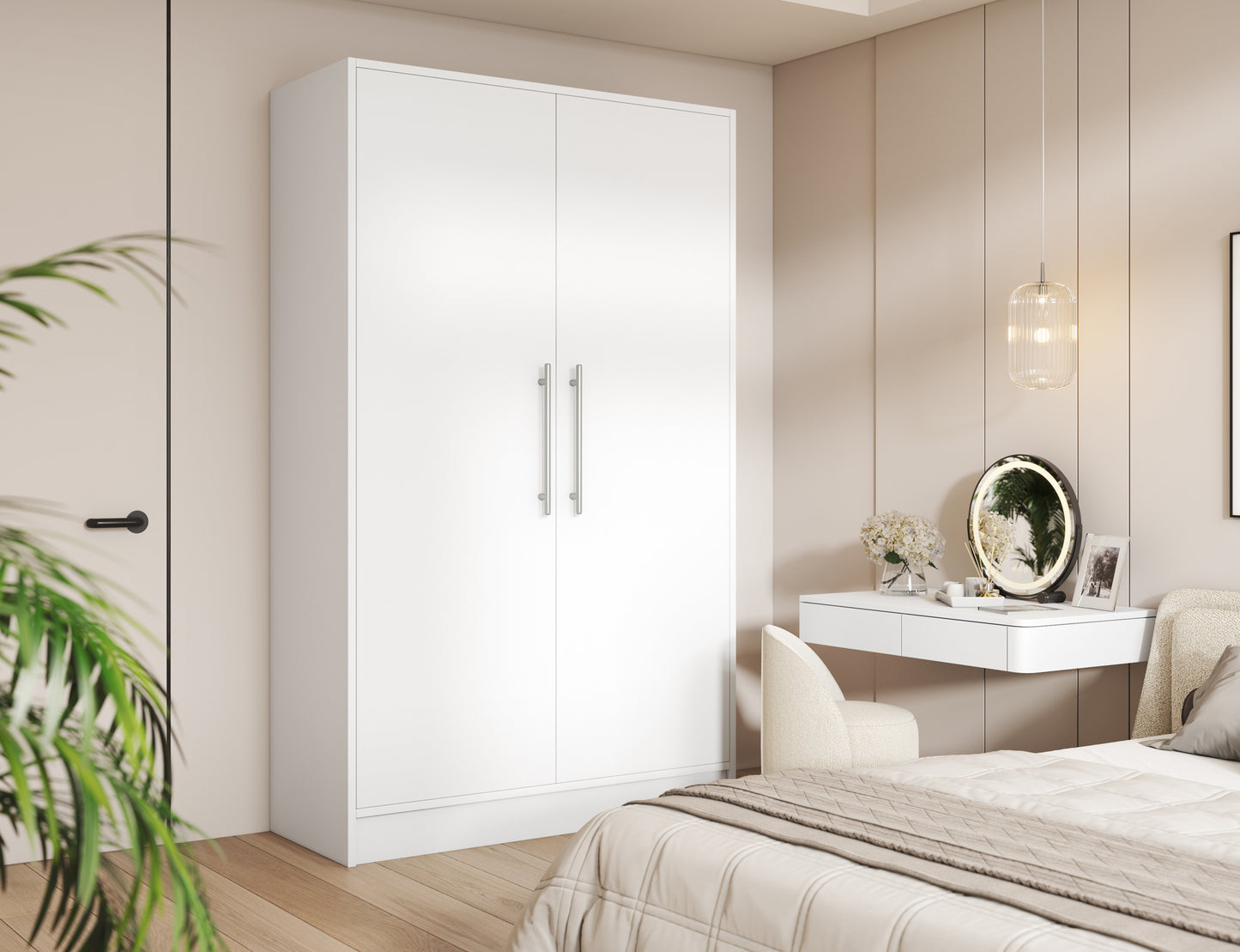 Biała szafa Alarica bez lustra w stylowej aranżacji sypialni z toaletką i dekoracjami, nowoczesny design