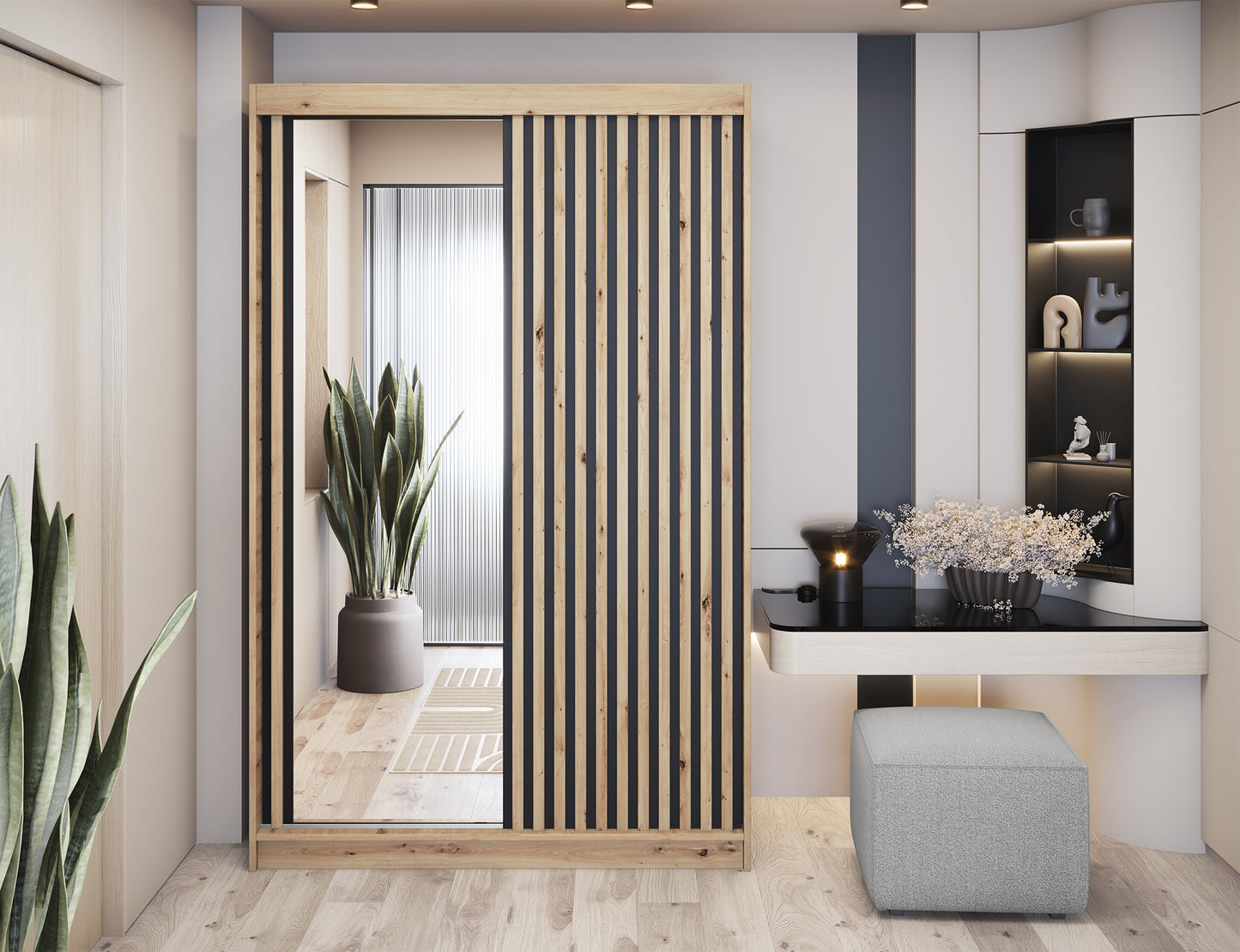 Szafa przesuwna Emerio II z lustrem i lamelami w eleganckim przedpokoju. Stylowa zabudowa do przechowywania i optycznego powiększenia przestrzeni.