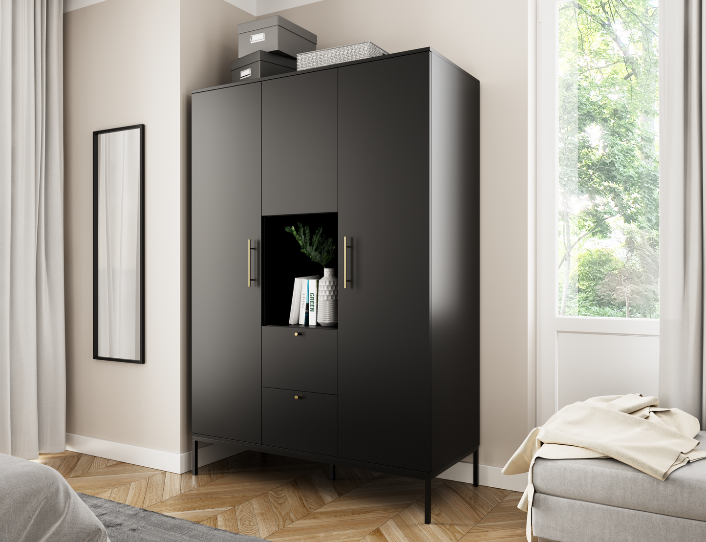 Szafa Lanzzi czarny mat – widok pod kątem (skos), minimalistyczna bryła i nowoczesny design do salonu lub sypialni.