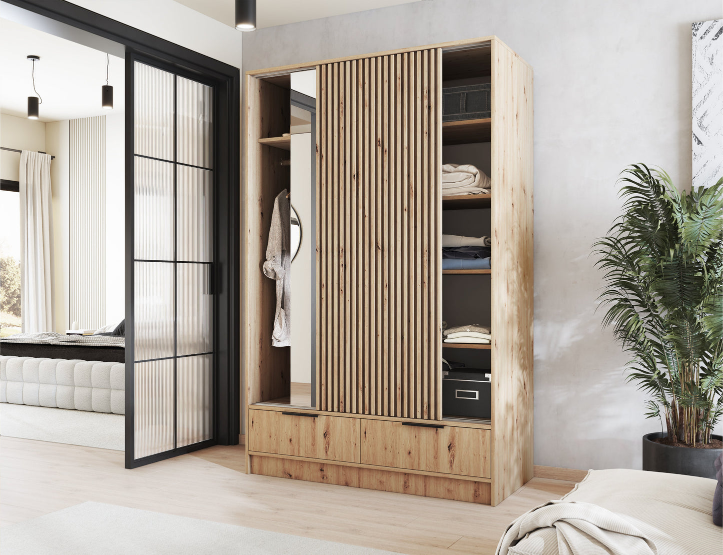 Szafa Voodi II ustawiona pod kątem w sypialni, podkreślająca przytulny charakter wnętrza.