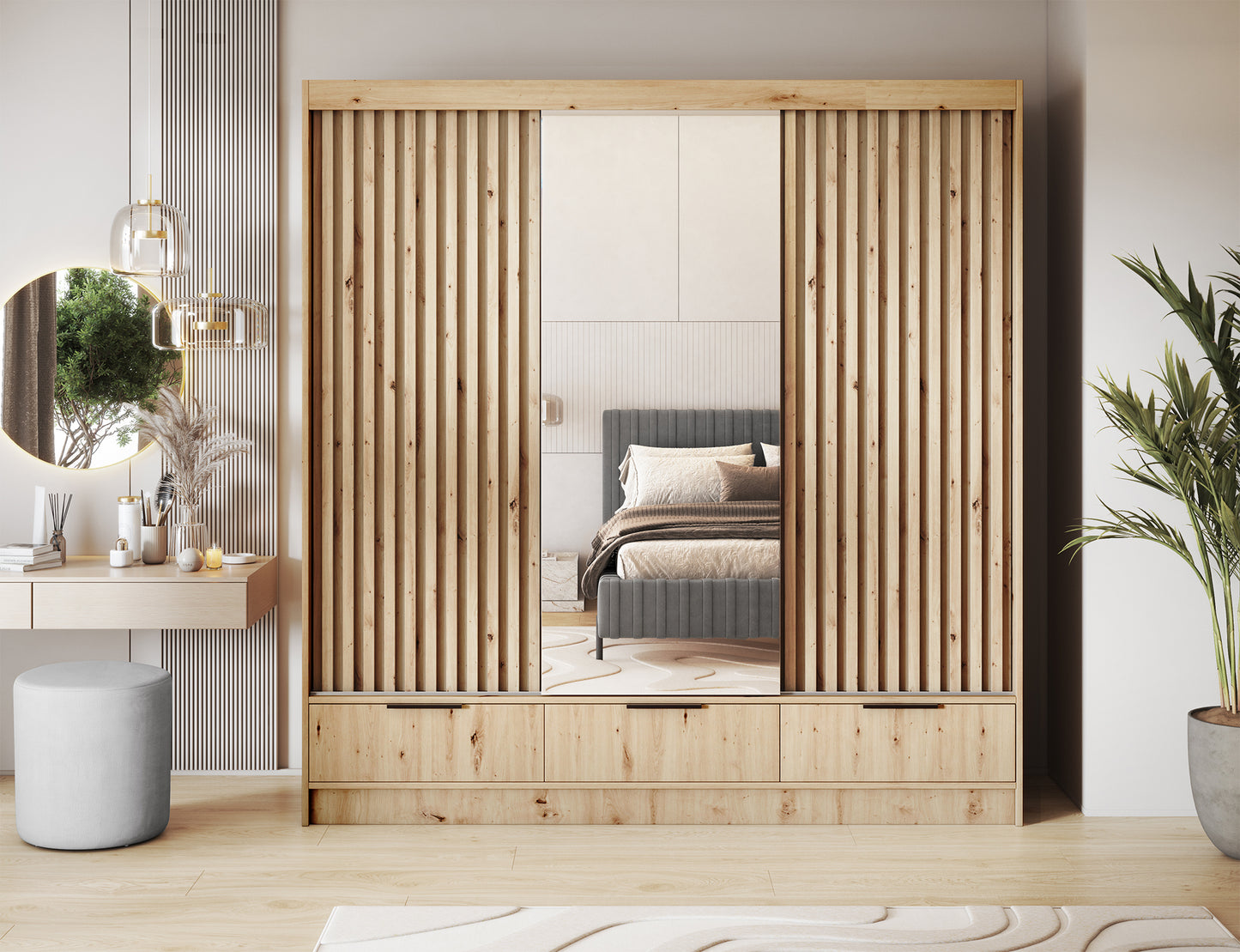 Szafa VOODI III z lustrem i lamelami, dekor dąb artisan, w eleganckiej sypialni z toaletką, rośliną i łóżkiem tapicerowanym w tle