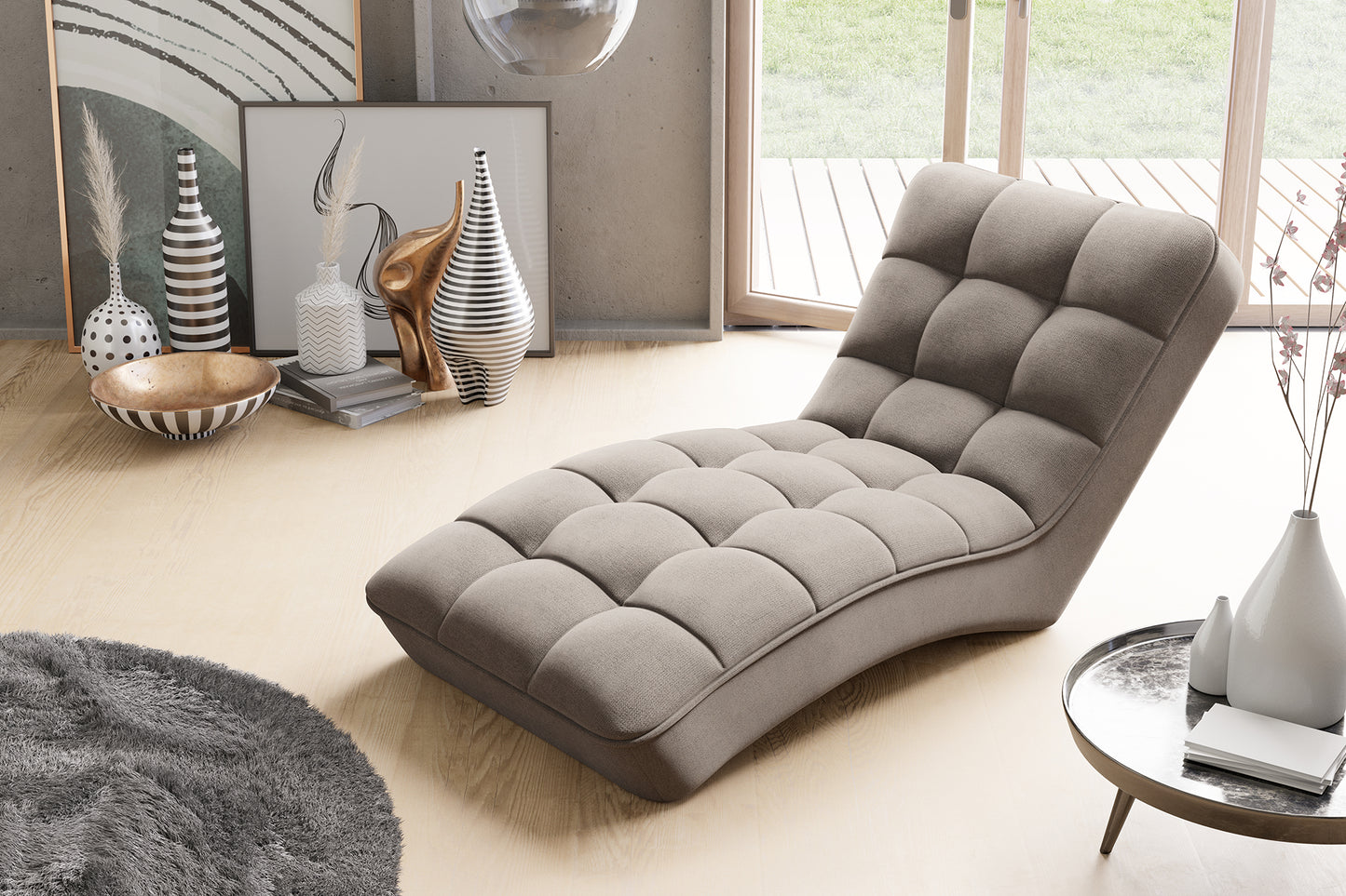 Widok z góry na szezlong Loren Poco 07 beżowy, prezentujący jego opływowy design i przytulne pikowanie.