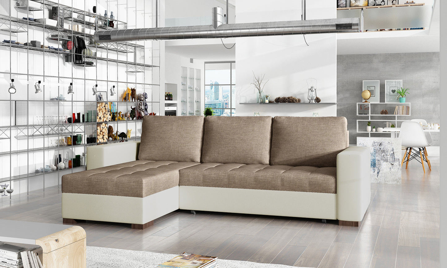 Uniwersalny narożnik z funkcją spania Newark wykonany w tkaninie Sawana 25 i Soft 33 prezentujący minimalistyczną formę oraz pikowane siedzisko. Designerski mebel wypoczynkowy do przytulnych i eleganckich wnętrz.