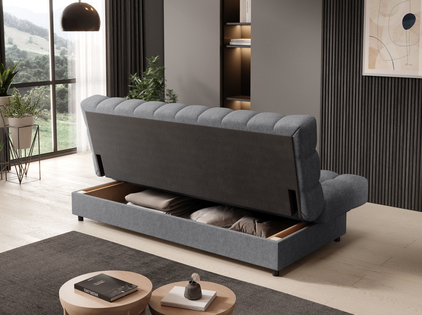 Wersalka Clareta w tkaninie Poco 04 szary z otwartym pojemnikiem na pościel, praktyczna i stylowa sofa do nowoczesnego wnętrza.