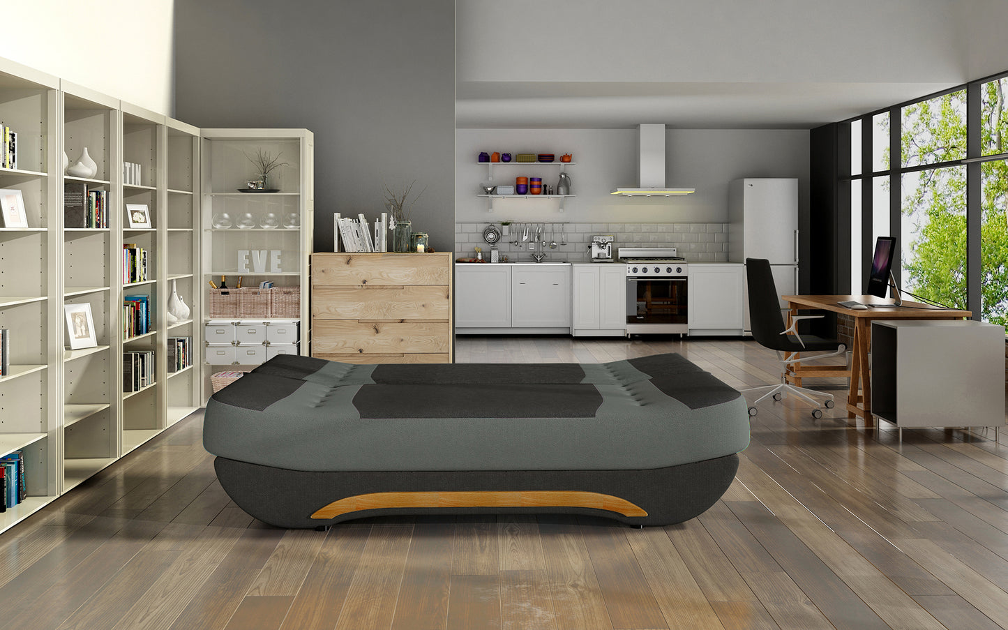 Wersalka Ewa II rozłożona – funkcja spania, tkanina Alova 04 czarny z szarymi wstawkami Alova 10