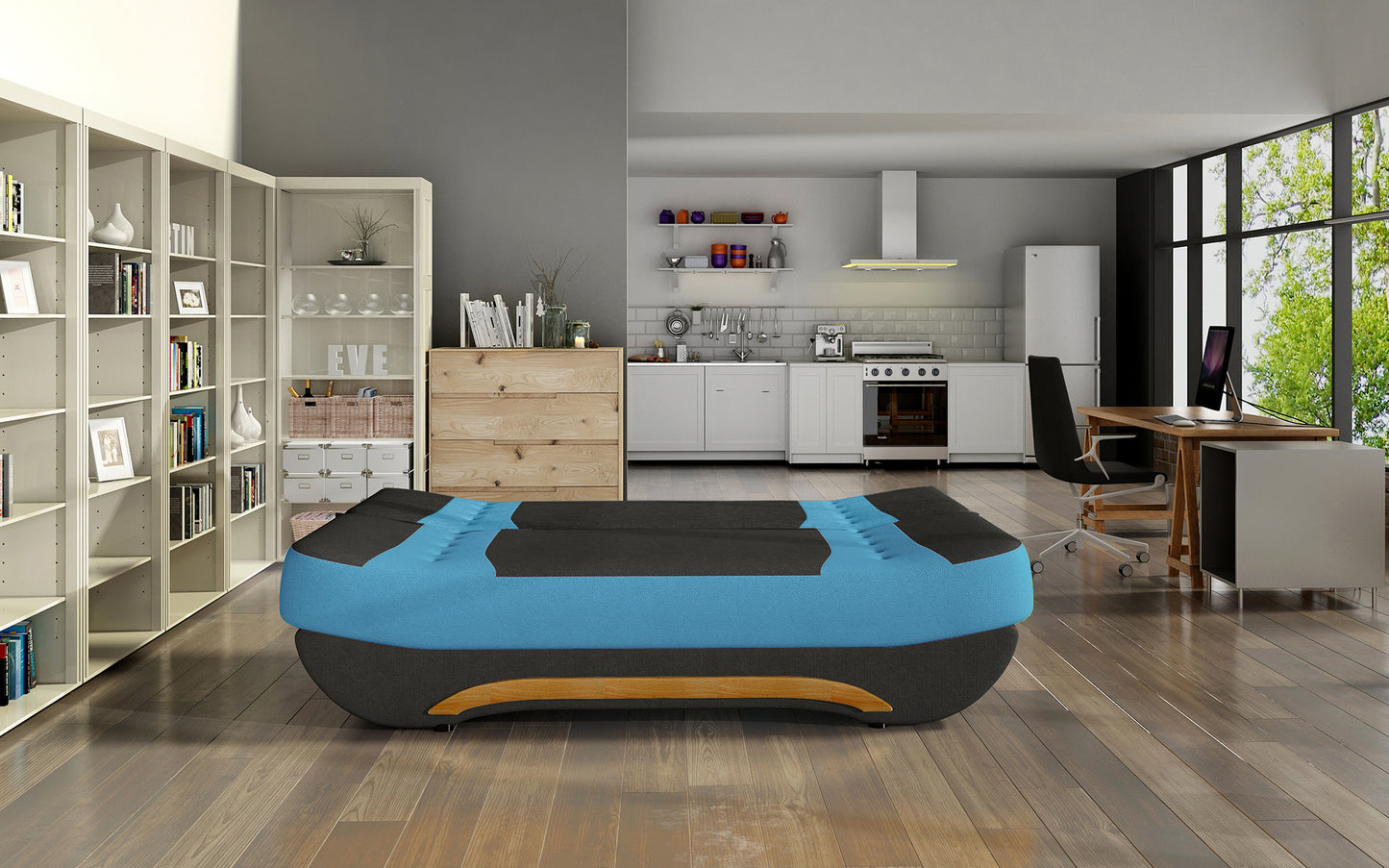 Wersalka Ewa II – rozłożona funkcja spania, tkanina Alova 04 czarna z niebieskimi wstawkami Alova 29