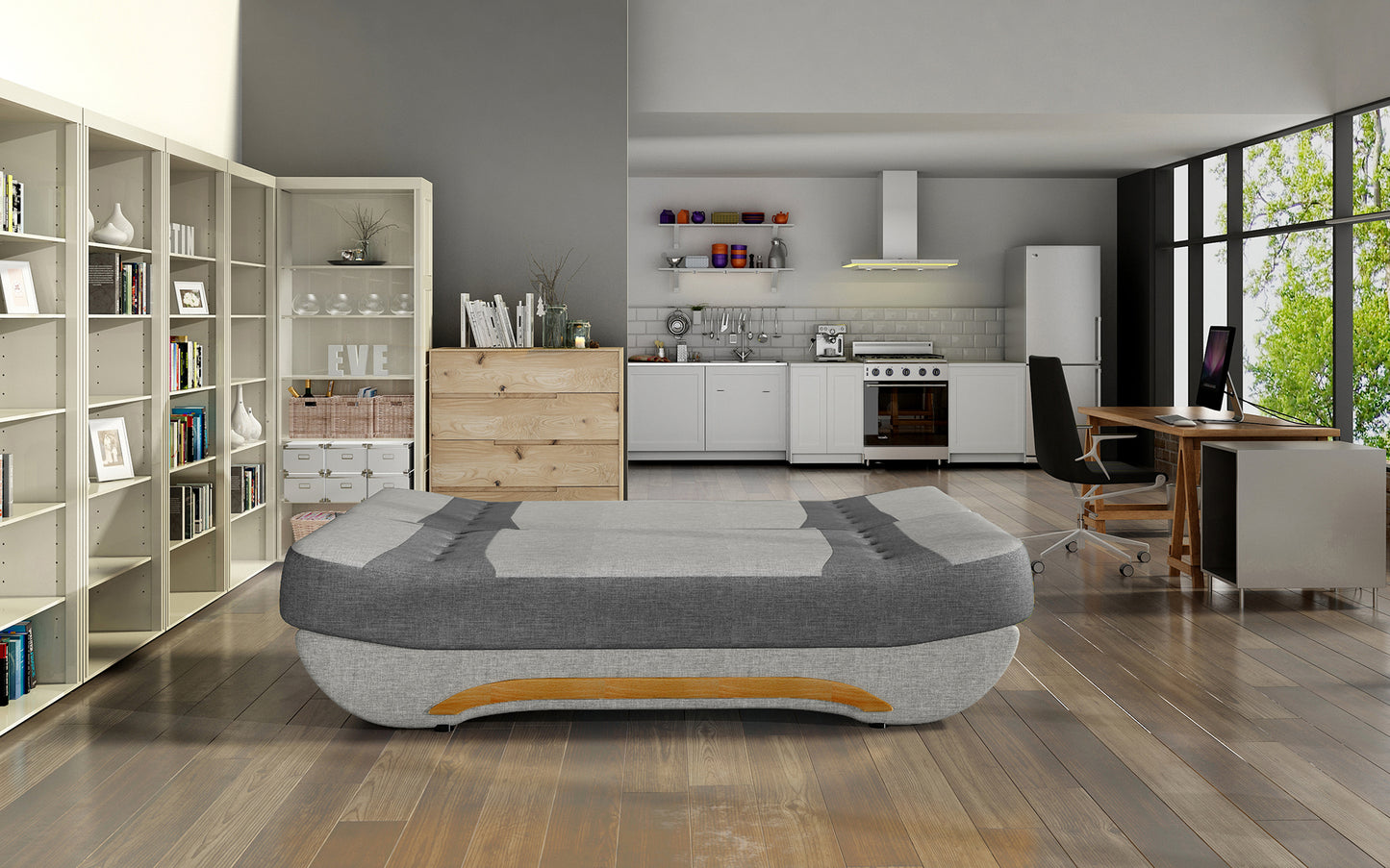 Wersalka Ewa II – rozłożona funkcja spania, tkanina Sawana 21 szary i Sawana 05 ciemnoszary