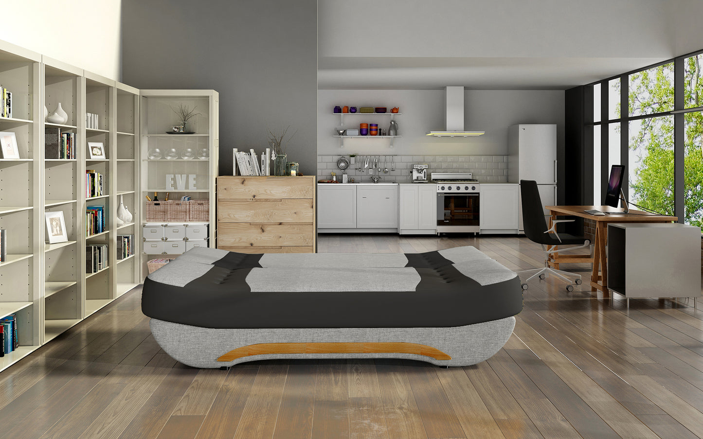 Wersalka Ewa II – rozłożona funkcja spania, Sawana 21 szary / Soft 11 czarny