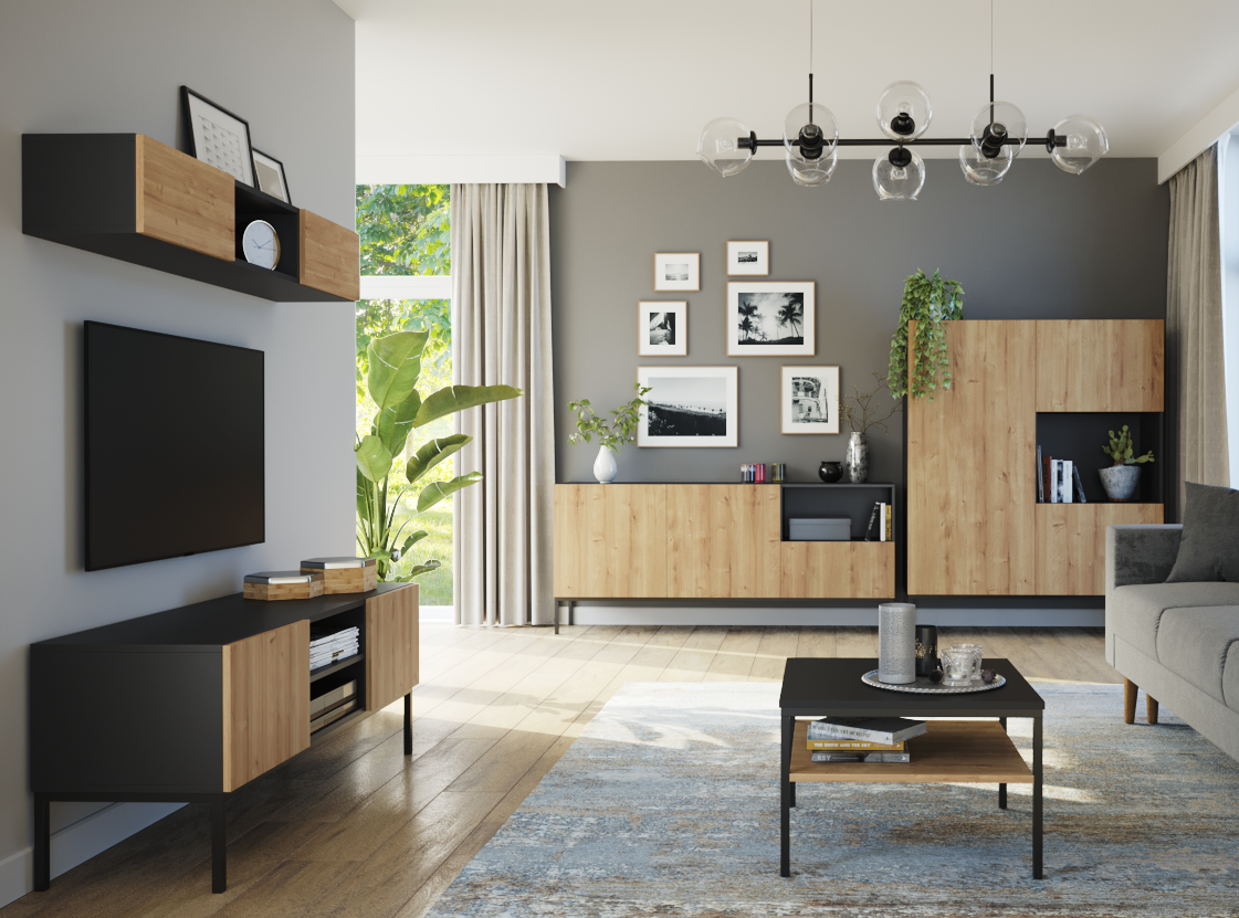 Salon w aranżacji Lanzzi czarny mat/Dąb artisan z witryną, niską szafką RTV i stolikiem kawowym, tworzącymi spójną, przytulną przestrzeń.