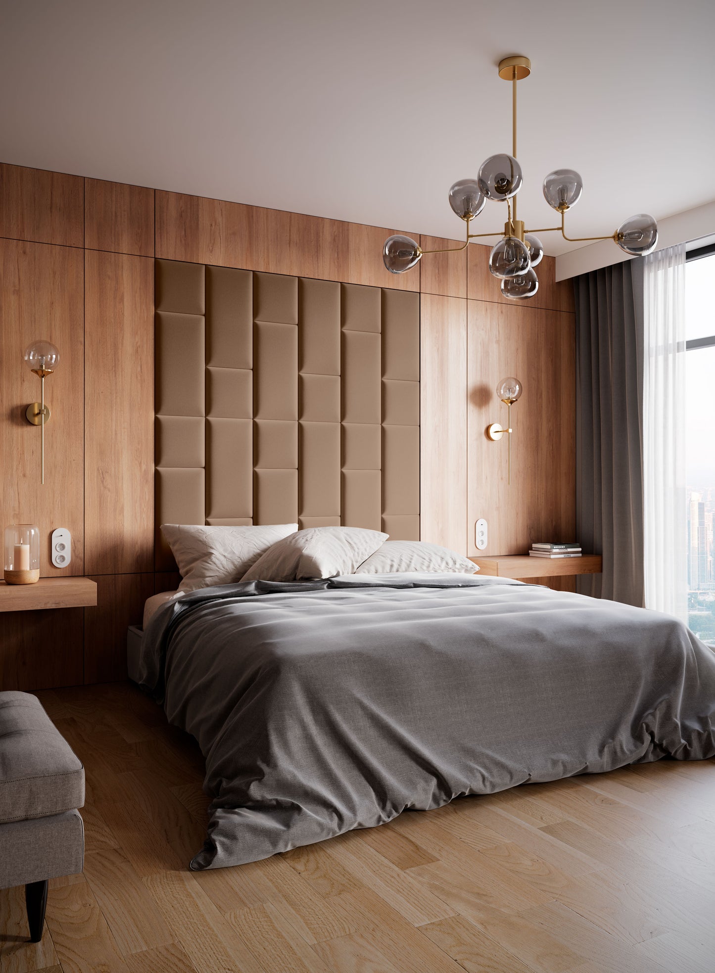 Przytulna sypialnia z łóżkiem i drewnianą ścianą; nad wezgłowiem zamontowano jasnobrązowe, kwadratowe moduły paneli akustycznych Quadratta VII Monolith 09 tworzące tapicerowany zagłówek.