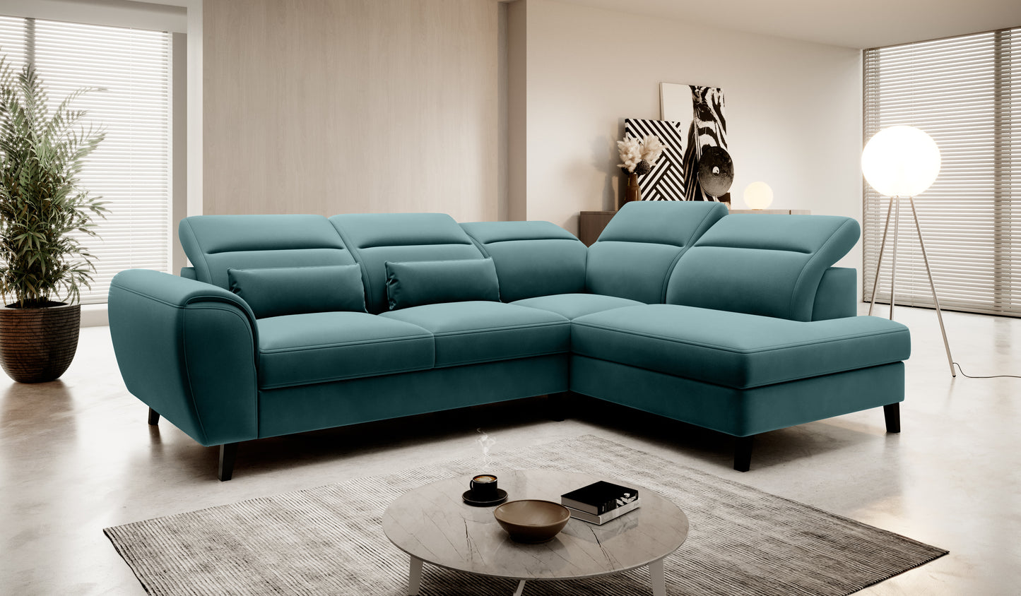 Narożnik Noble Velvetmat 38 w modnym odcieniu butelkowej zieleni prezentujący komfortowe siedziska oraz minimalistyczną bryłę na wysokich czarnych nóżkach. Designerski narożnik wypoczynkowy do nowoczesnego salonu premium.