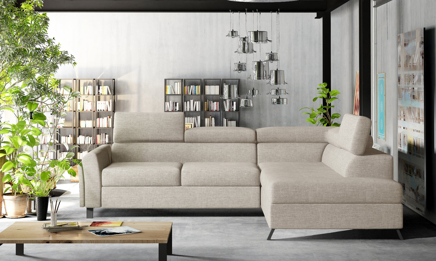 Sofa narożna Kairos Cover 02 jasnoszara z prawym układem wypoczynkowym oferuje dużą powierzchnię do relaksu, subtelną linię mebla i ponadczasowy styl do pokoju dziennego.