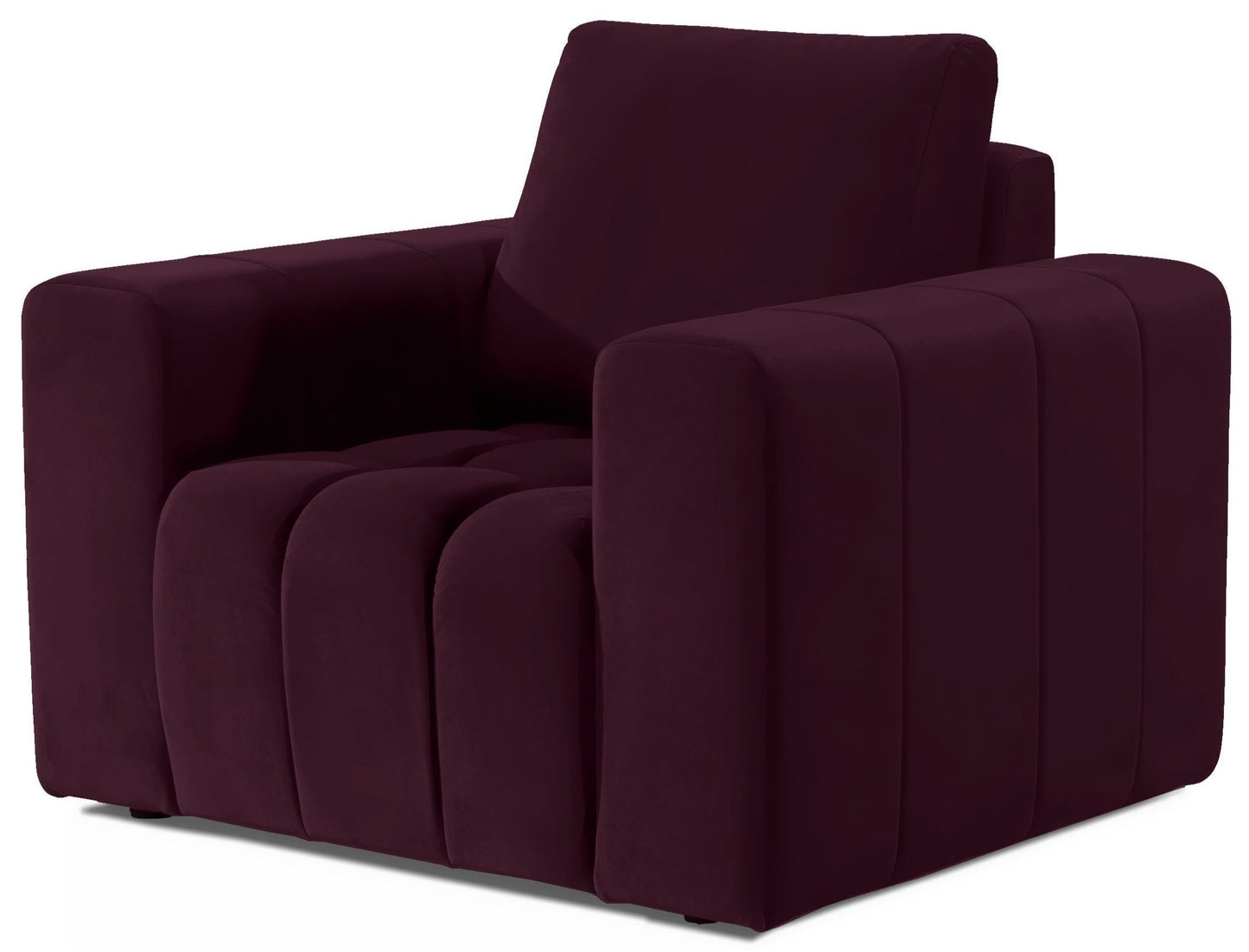 Fotel Lazaro w tkaninie Matt Velvet 68 w głębokim bordowym odcieniu, zaprezentowany na białym tle. Elegancki i nowoczesny mebel z szerokimi podłokietnikami i dekoracyjnym pikowaniem siedziska.