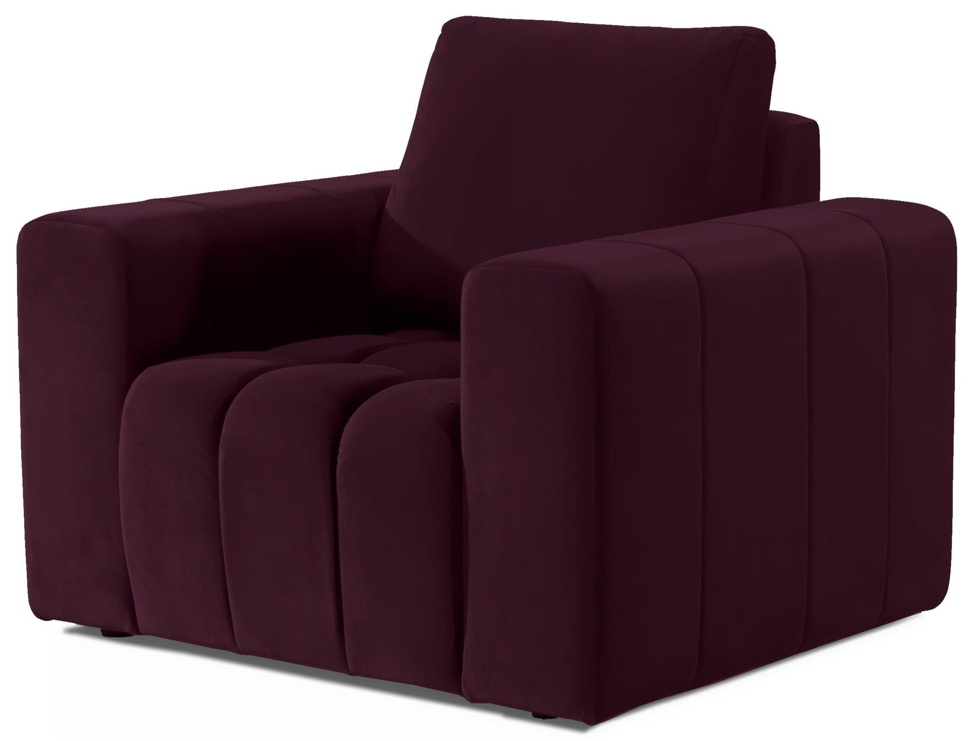Fotel Lazaro w tkaninie Matt Velvet 68 w głębokim bordowym odcieniu, zaprezentowany na białym tle. Elegancki i nowoczesny mebel z szerokimi podłokietnikami i dekoracyjnym pikowaniem siedziska.
