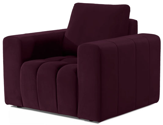 Fotel Lazaro w tkaninie Matt Velvet 68 w głębokim bordowym odcieniu, zaprezentowany na białym tle. Elegancki i nowoczesny mebel z szerokimi podłokietnikami i dekoracyjnym pikowaniem siedziska.