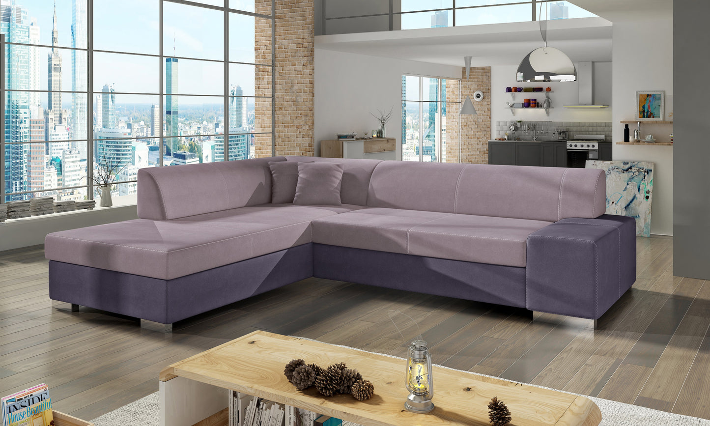 Jasnoróżowa sofa narożna Porto wykonana z materiałów Soro 61 i Soro 65 doskonale sprawdzi się w przytulnych i nowoczesnych wnętrzach, zapewniając komfort użytkowania oraz estetyczny wygląd dopasowany do aranżacji
