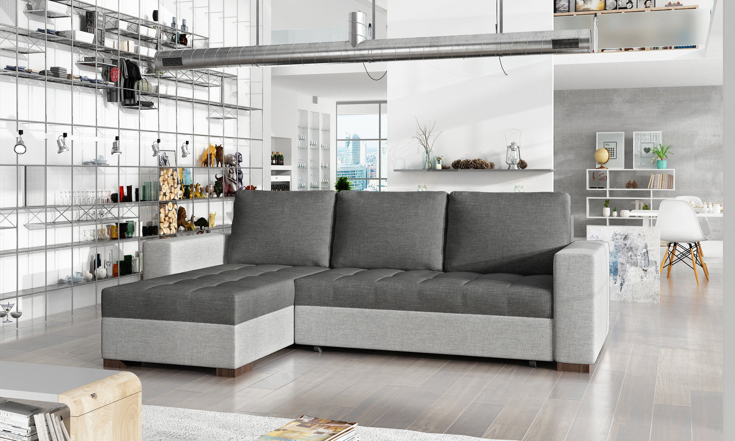 Designerski narożnik Newark Sawana 05 Sawana 21 z szerokim szezlongiem oraz dekoracyjnymi przeszyciami tworzy wygodną strefę odpoczynku. Nowoczesny narożnik do salonu inspirowanego stylem loftowym i soft loft.