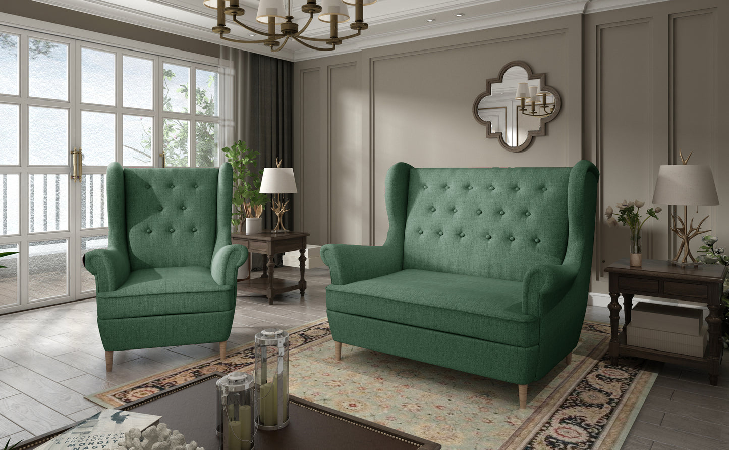 Komplet wypoczynkowy Aros w tkaninie Solid 39 zielony – elegancki fotel i sofa w klasycznym salonie z dużymi oknami i drewnianymi meblami.