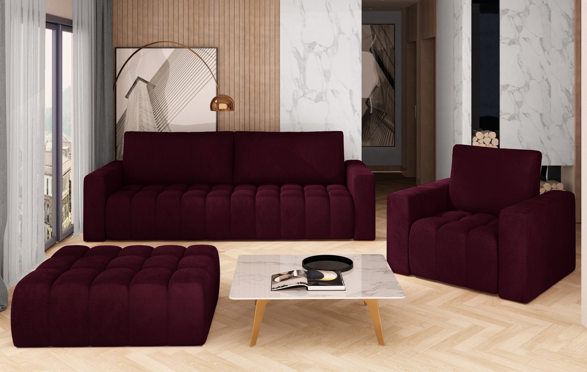 Komplet wypoczynkowy Lazaro w kolorze Matt Velvet 68 bordowy we wnętrzu salonu – elegancka sofa, fotel i pufa ustawione na tle marmurowych i drewnianych akcentów, tworzące stylową i przytulną przestrzeń.