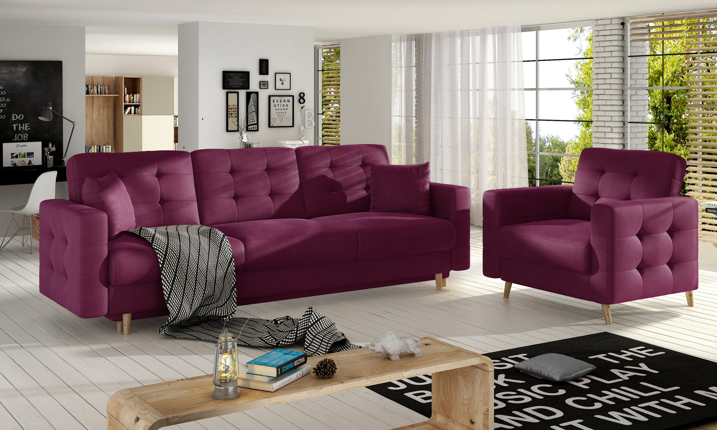 Sofa z fotelem Matt Velvet 68 w kolorze czerwonego wina tworzy przytulną strefę relaksu. Wyrazisty kolor przyciąga uwagę i podkreśla styl wnętrza.