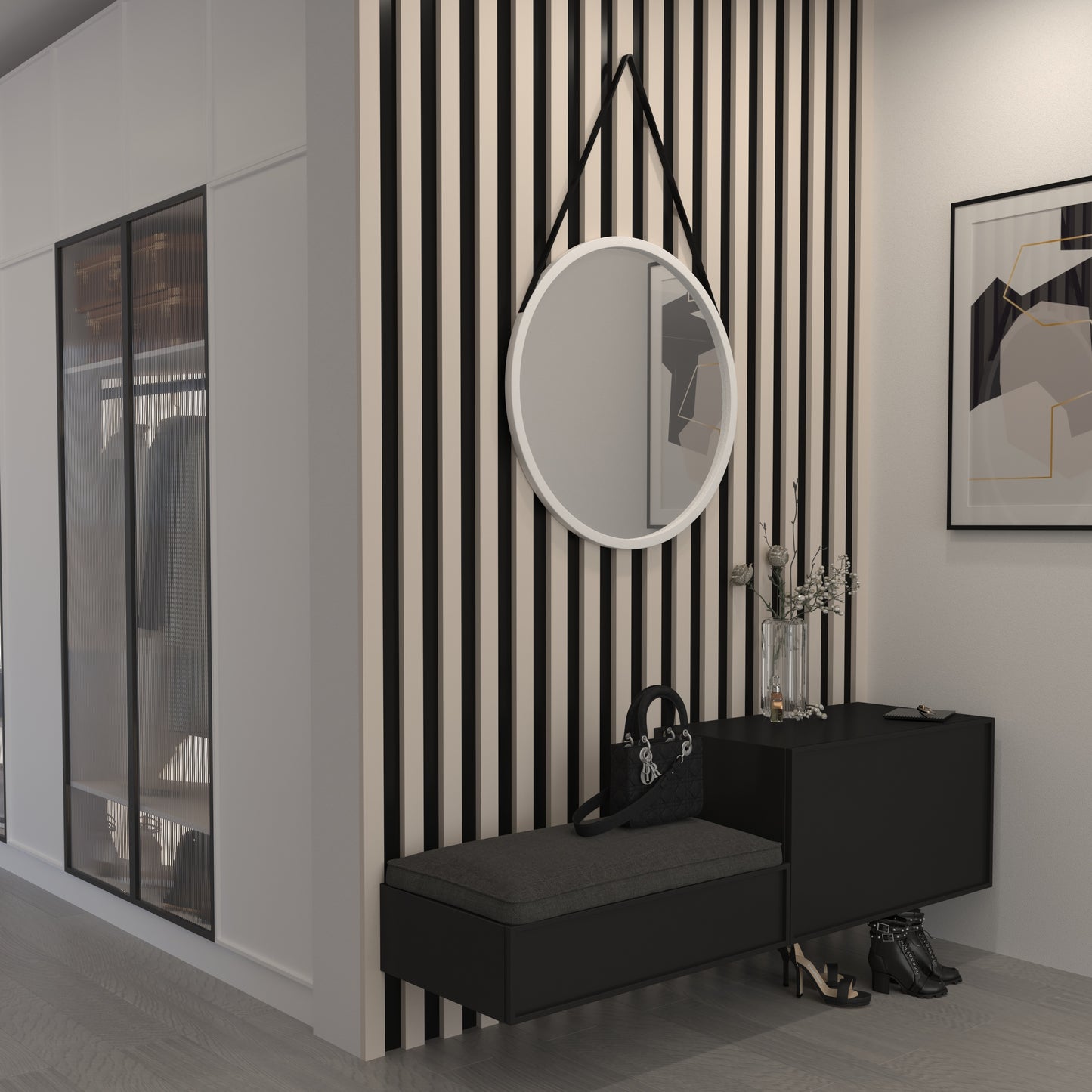 Lustro Grace I o średnicy 60 cm w białej ramie, zawieszone na pasku w nowoczesnym przedpokoju z jasną lamelową ścianą i minimalistyczną zabudową.