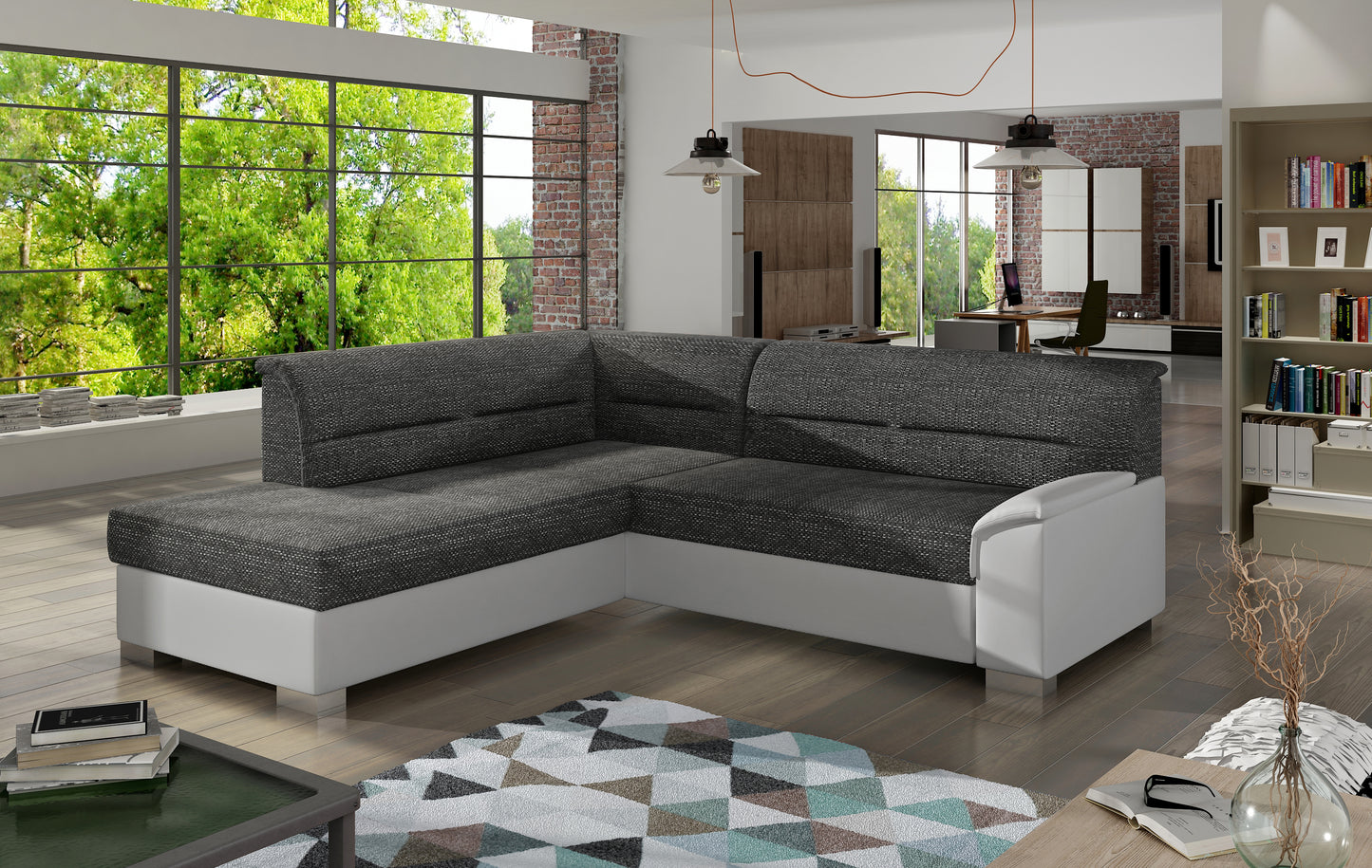 Narożnik Bergen w aranżacji salonu, czarna tapicerka Berlin 02 z białym wykończeniem Soft 17