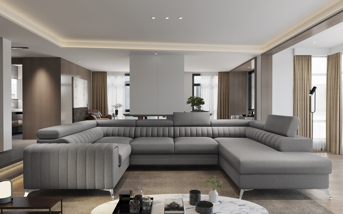 Przestronny salon z narożnikiem Louis w kolorze Flores 05 ciemnoszary w układzie prawym.