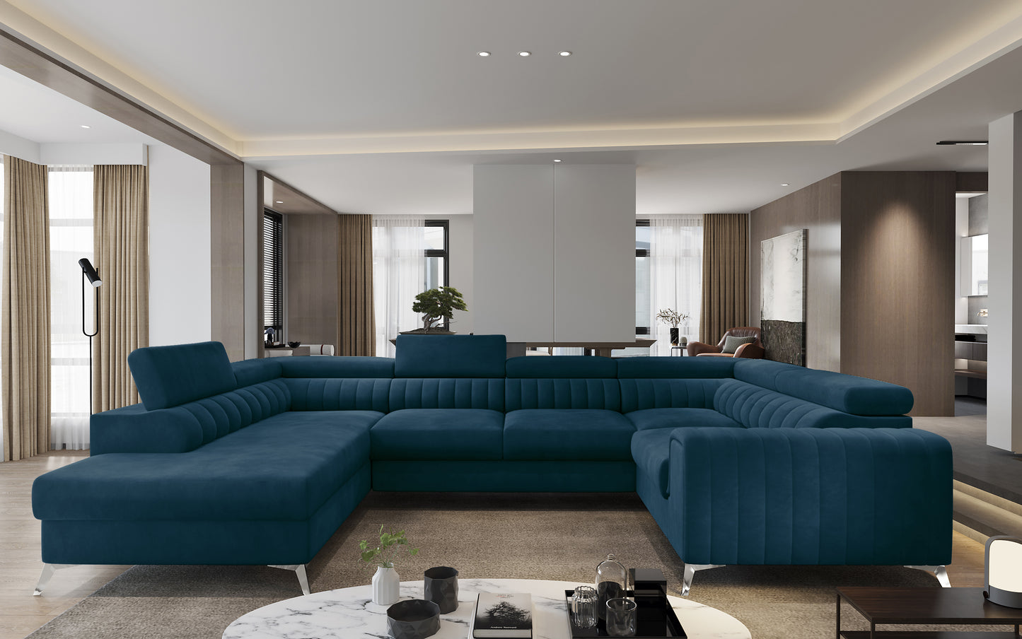 Przestronny salon z narożnikiem Louis w kolorze Nube 40 granatowy w układzie lewym.