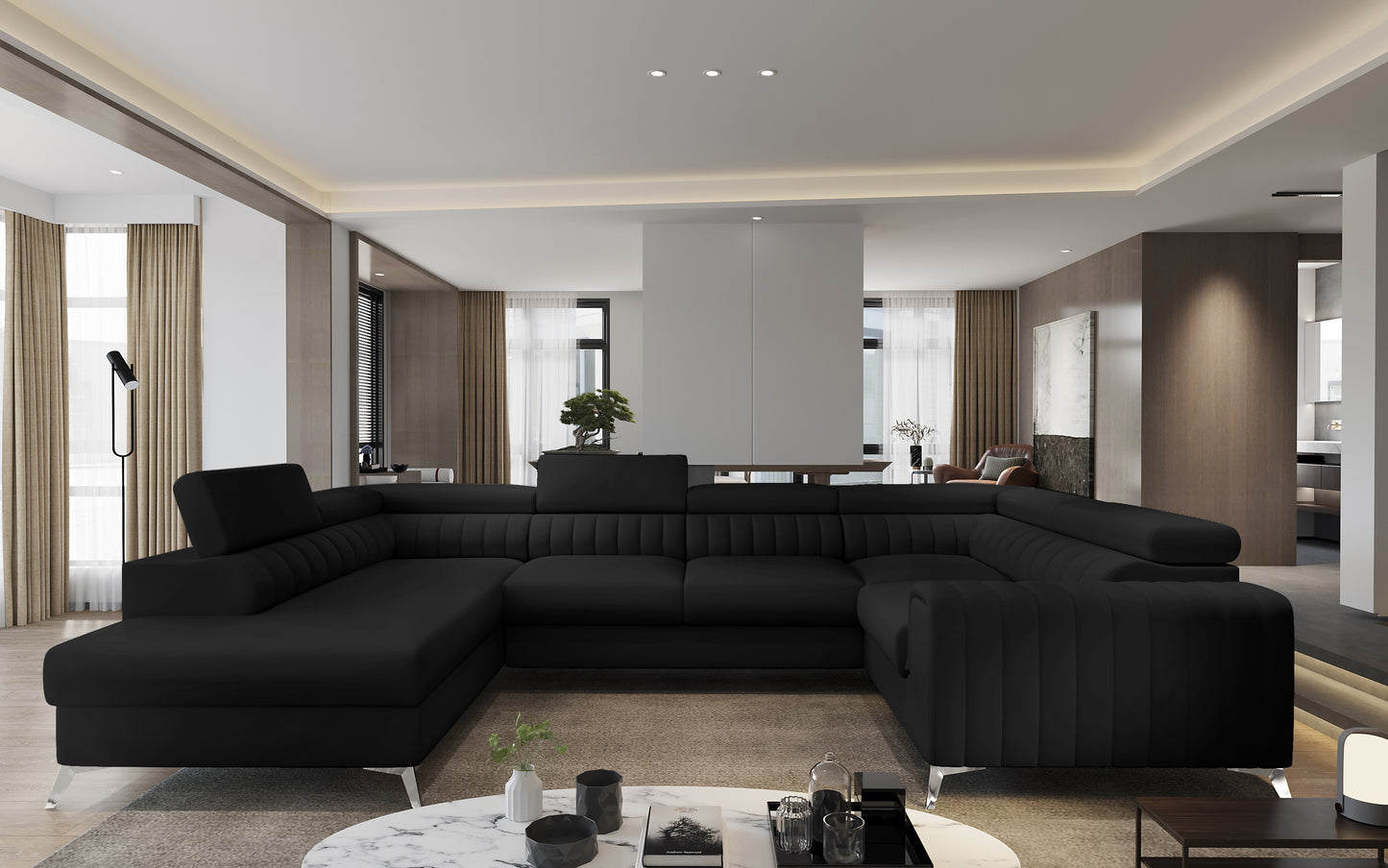 Nowoczesny salon z narożnikiem Louis w kolorze Softis 11 czarny w układzie lewym.