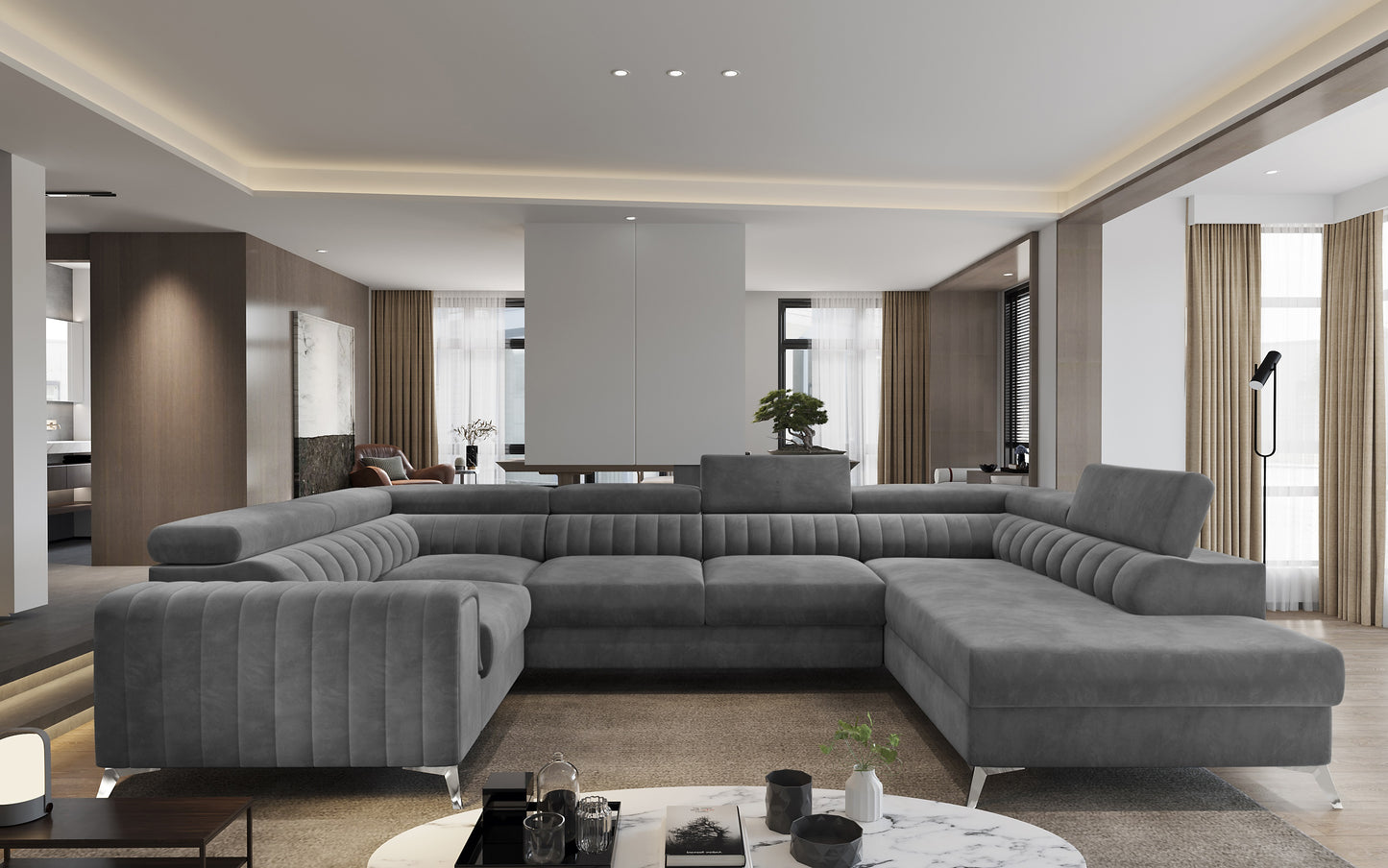 Nowoczesny salon z narożnikiem Louis w kolorze Sola 05 szary w układzie prawym.