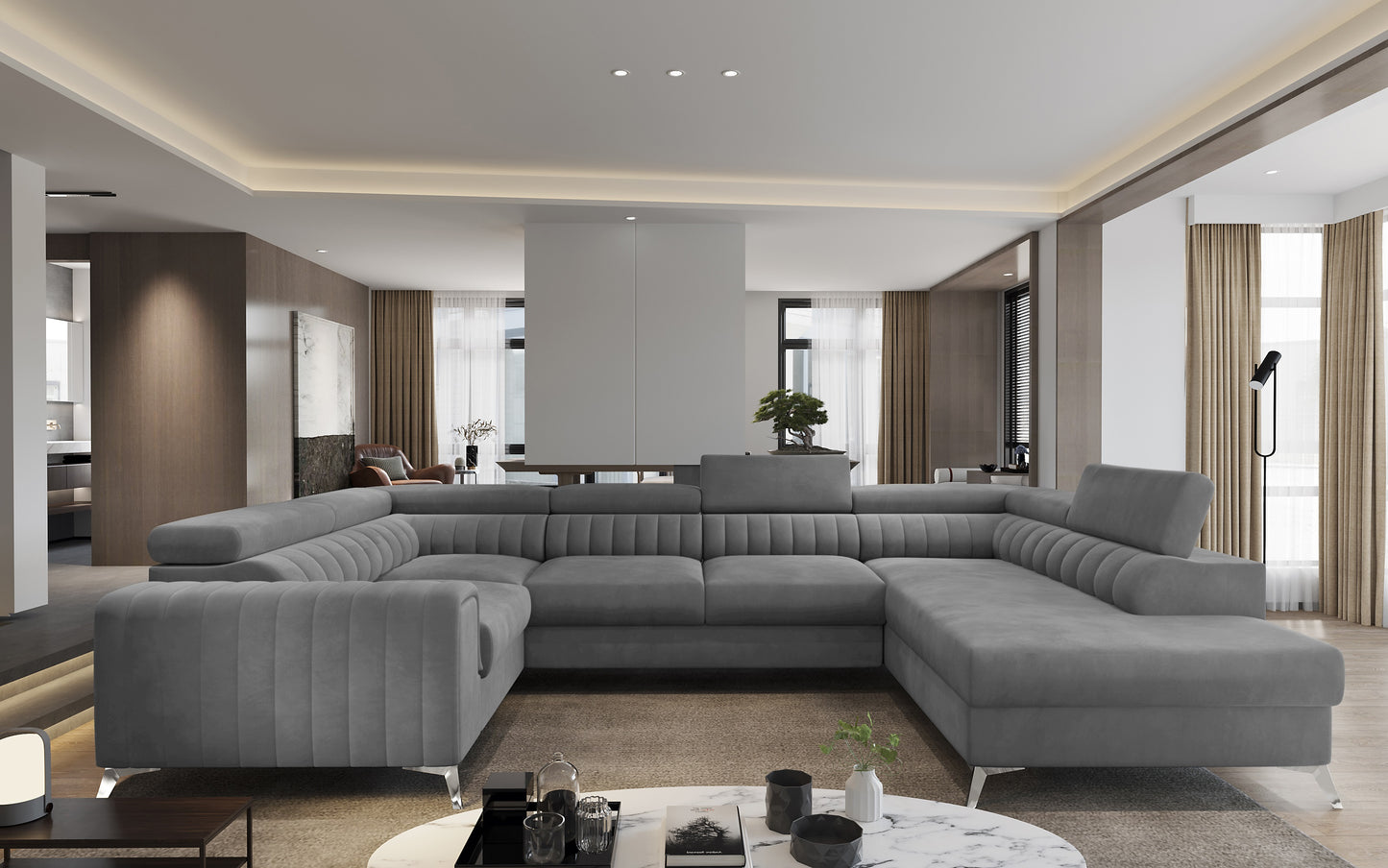 Przestronny salon z narożnikiem Louis w kolorze Velvetmat 04 szary w układzie prawym.