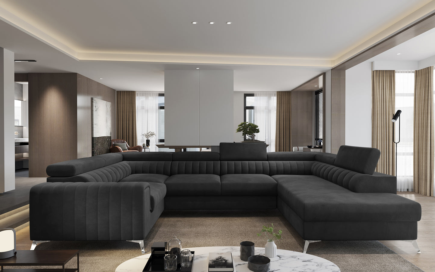 Przestronny salon z narożnikiem Louis w kolorze Velvetmat 06 ciemnoszary w układzie prawym.