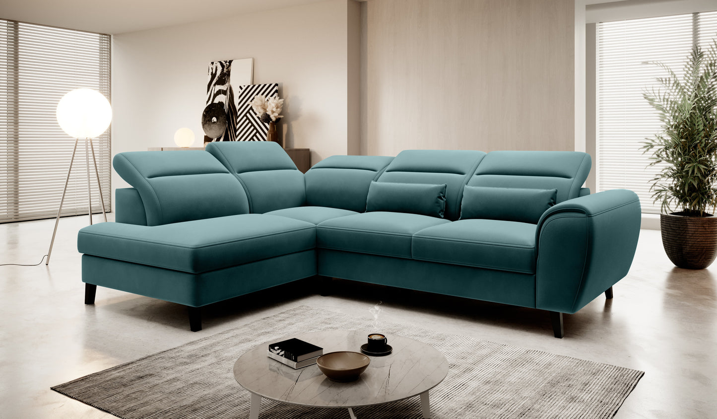 Narożnik Noble Velvetmat 38 w głębokim zielonym kolorze prezentujący komfortowe siedziska, dekoracyjne poduszki oraz miękkie welurowe wykończenie tapicerki. Designerski narożnik wypoczynkowy do nowoczesnego salonu i eleganckich apartamentów premium.
