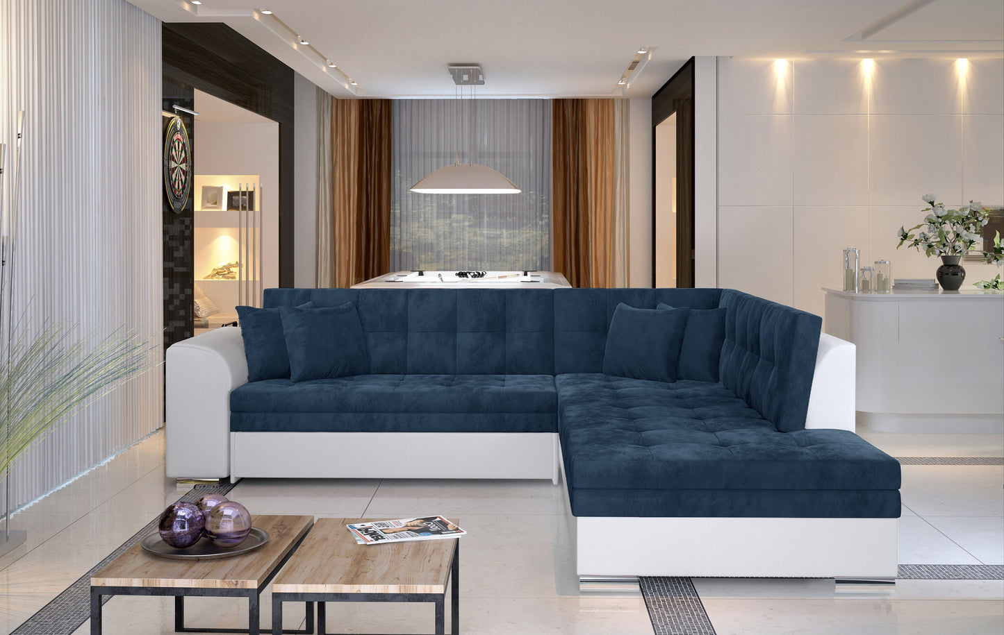 Narożnik Pieretta w granatowym kolorze Kronos 09 z kontrastowym wykończeniem Soft 17 doskonale sprawdzi się w nowoczesnym salonie, tworząc przytulną i elegancką strefę wypoczynkową.