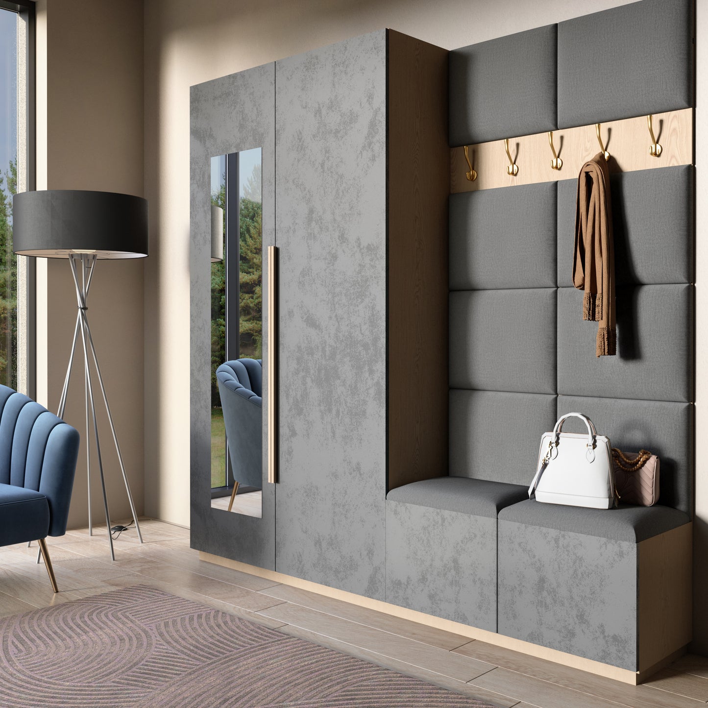 Przestronna strefa wejściowa z szarą szafą z lustrzanymi drzwiami, złotymi haczykami i wbudowaną ławką; nad i za ławką widoczne są szare, kwadratowe panele akustyczne Quadratta I Monolith 85.